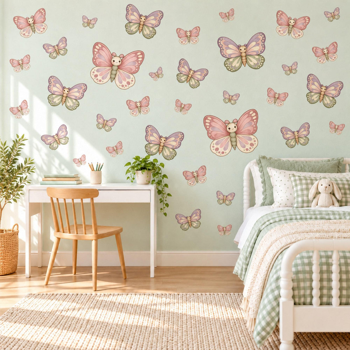 Butterfly Wall Stickers, Pink Lilac Butterfly Nursery Decor, Cute Butterflies Wall Decals, Sage Pink Girls Room Peel and Stick Wall Art