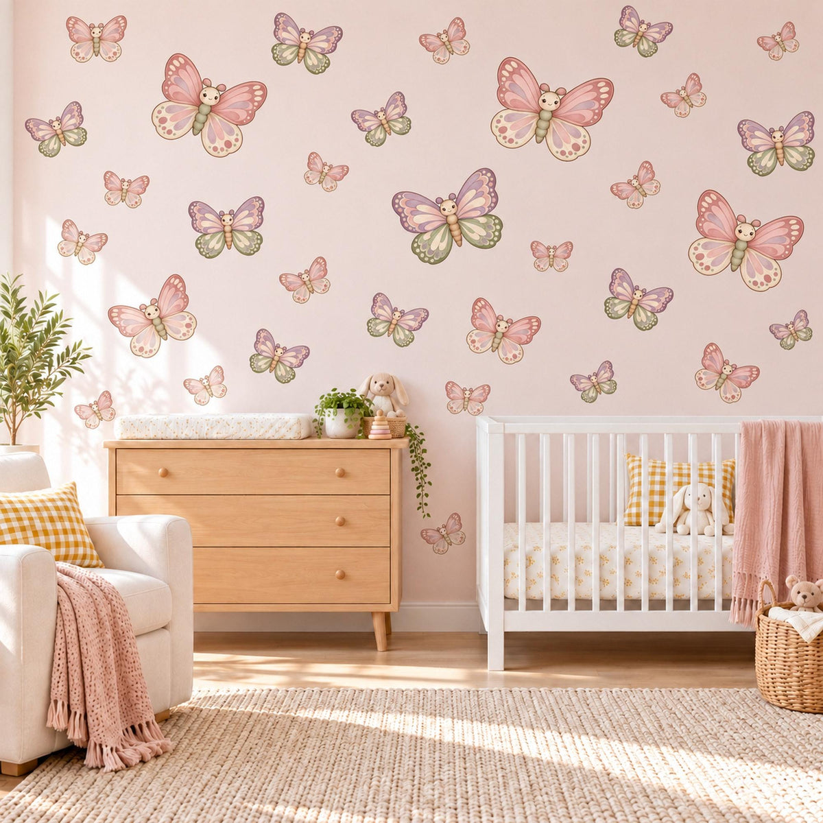 Butterfly Wall Stickers, Pink Lilac Butterfly Nursery Decor, Cute Butterflies Wall Decals, Sage Pink Girls Room Peel and Stick Wall Art