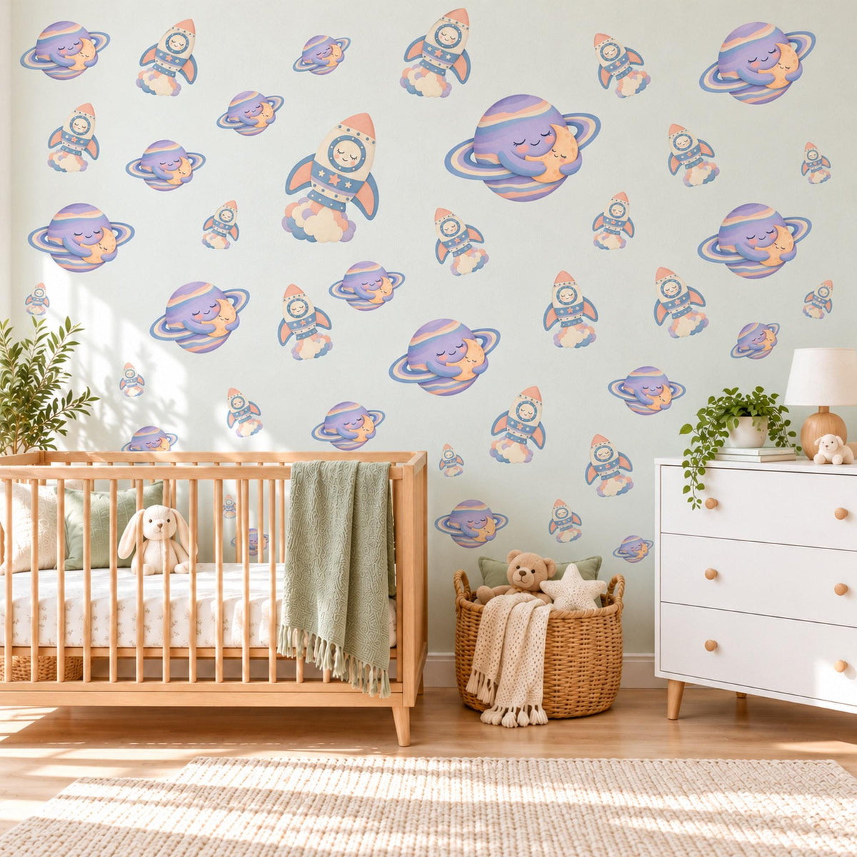 Space Wall Stickers, Rocket and Planet Nursery Decor, Sleepy Planets Wall Decals, Lilac Peach Blue Kids Room Peel and Stick Wall Art