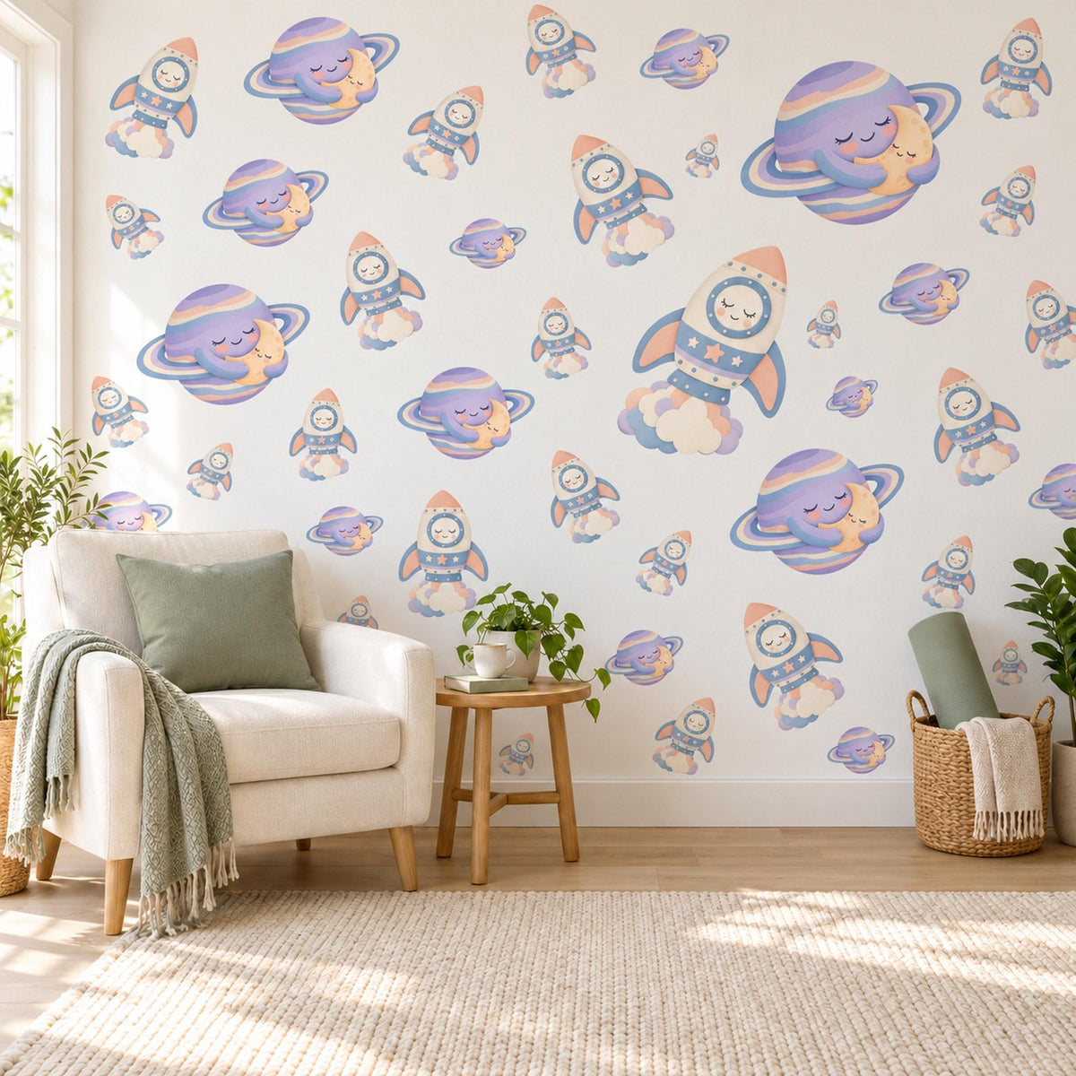 Space Wall Stickers, Rocket and Planet Nursery Decor, Sleepy Planets Wall Decals, Lilac Peach Blue Kids Room Peel and Stick Wall Art