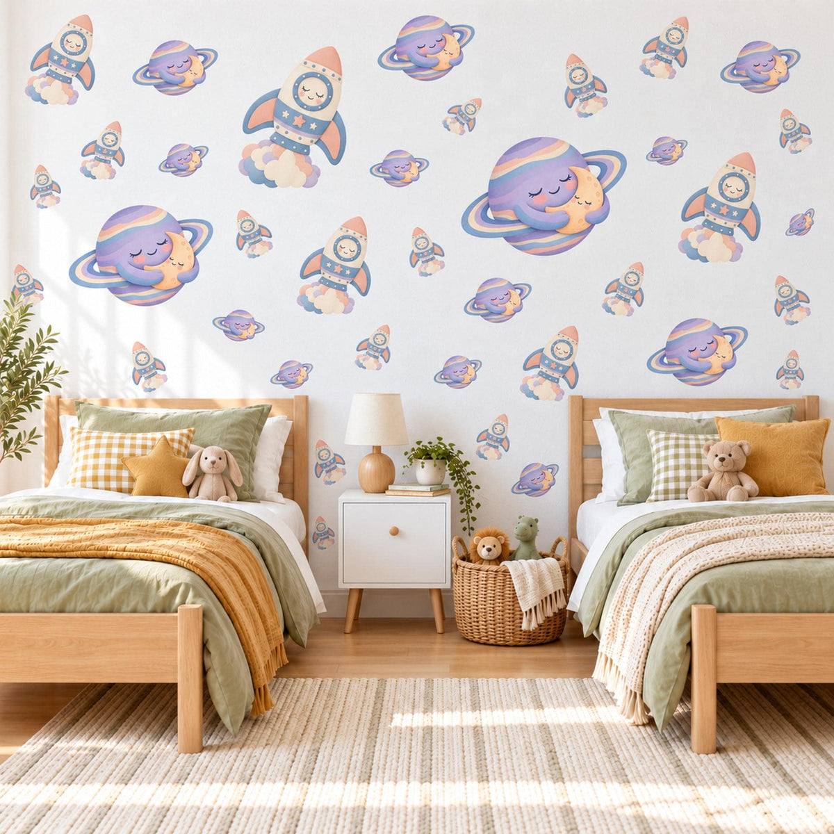 Space Wall Stickers, Rocket and Planet Nursery Decor, Sleepy Planets Wall Decals, Lilac Peach Blue Kids Room Peel and Stick Wall Art