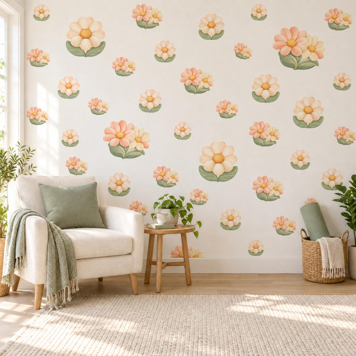 Daisy Wall Stickers, Peach Cream Flower Nursery Decor, Retro Daisy Wall Decals, Sage Green Girls Kids Room Peel and Stick Wall Art