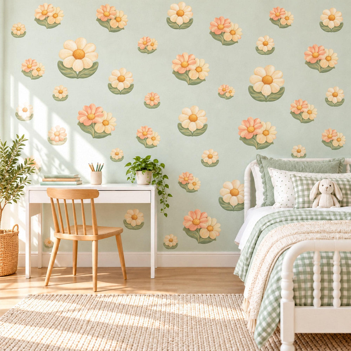 Daisy Wall Stickers, Peach Cream Flower Nursery Decor, Retro Daisy Wall Decals, Sage Green Girls Kids Room Peel and Stick Wall Art