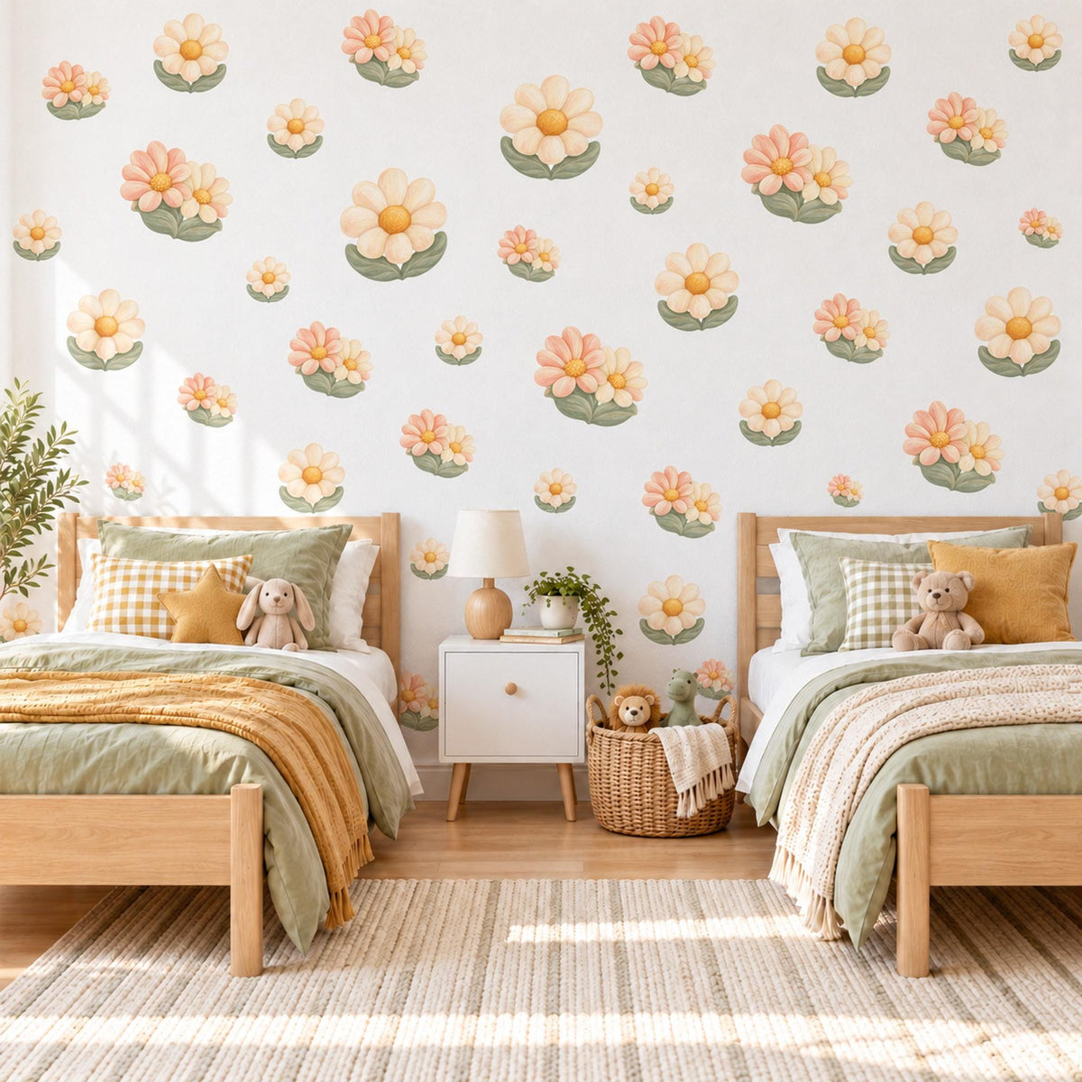 Daisy Wall Stickers, Peach Cream Flower Nursery Decor, Retro Daisy Wall Decals, Sage Green Girls Kids Room Peel and Stick Wall Art