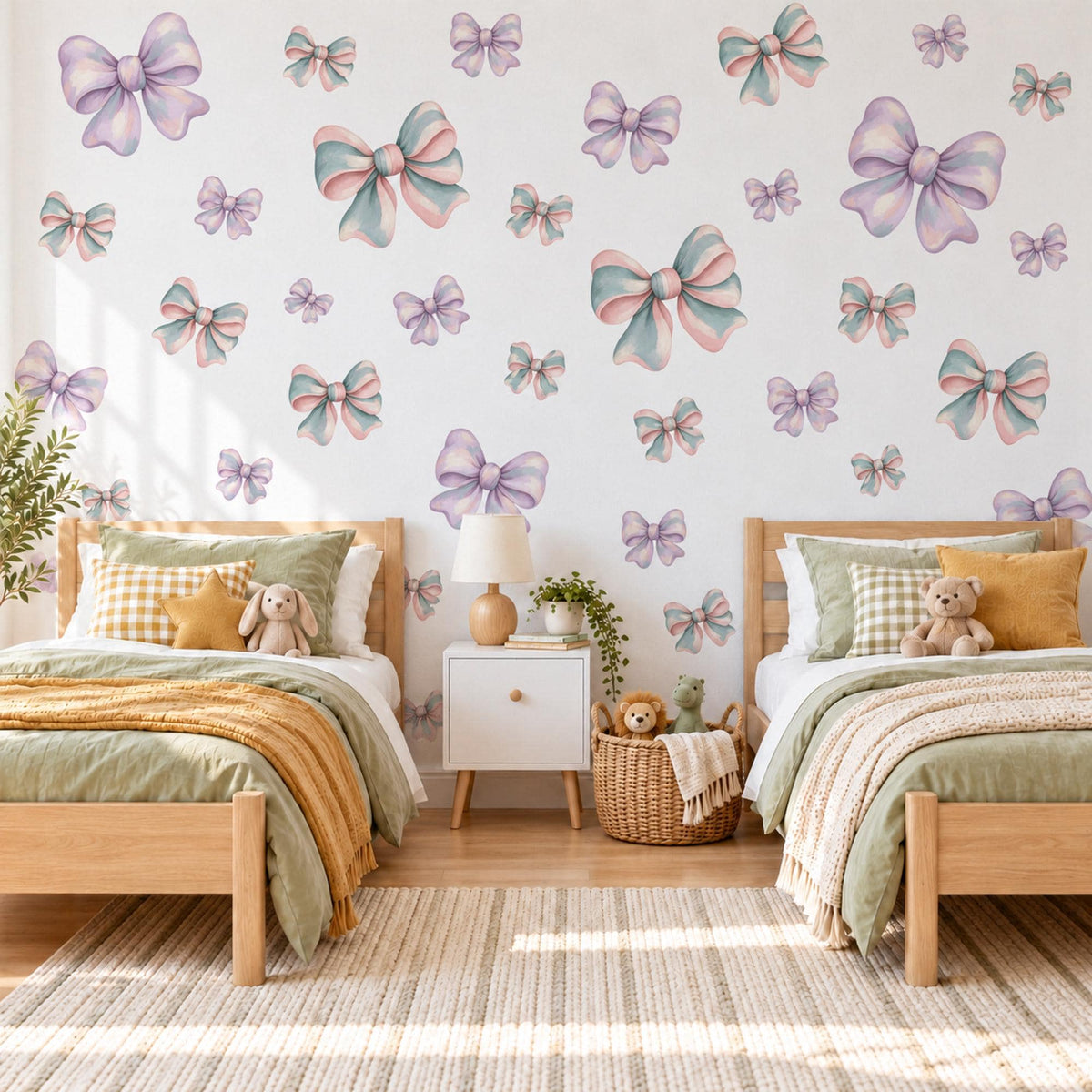 Bow Wall Stickers, Lilac Pastel Bow Nursery Decor, Ribbon Bows Wall Decals, Purple Teal Pink Girls Room Peel and Stick Wall Art
