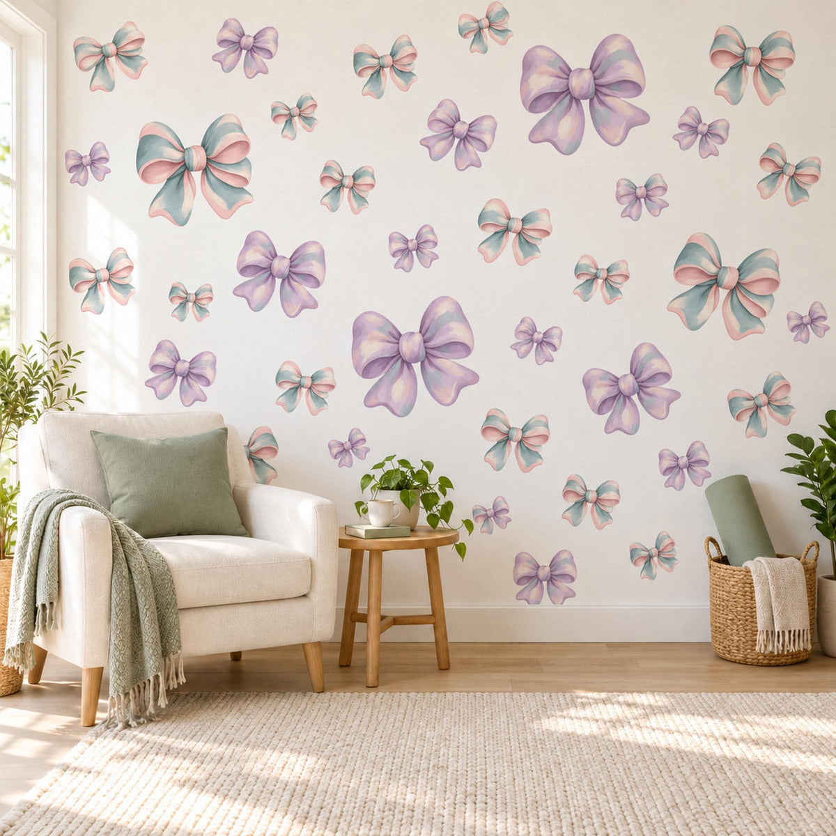 Bow Wall Stickers, Lilac Pastel Bow Nursery Decor, Ribbon Bows Wall Decals, Purple Teal Pink Girls Room Peel and Stick Wall Art
