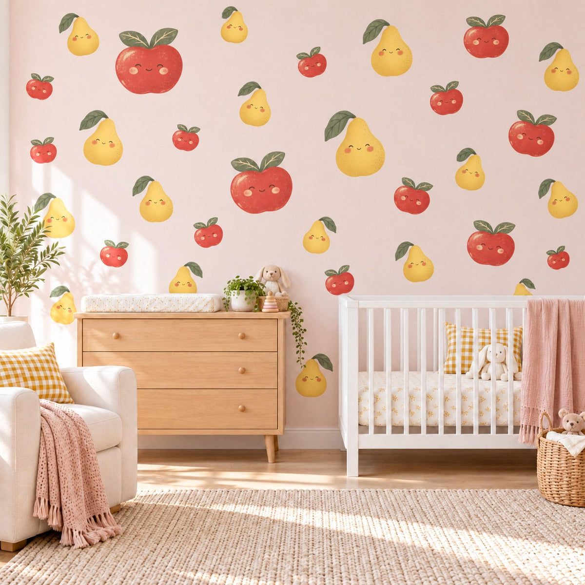 Apple Pear Wall Stickers, Cute Fruit Nursery Decor, Smiling Apples and Pears Wall Decals, Red Yellow Kids Room Peel and Stick Wall Art