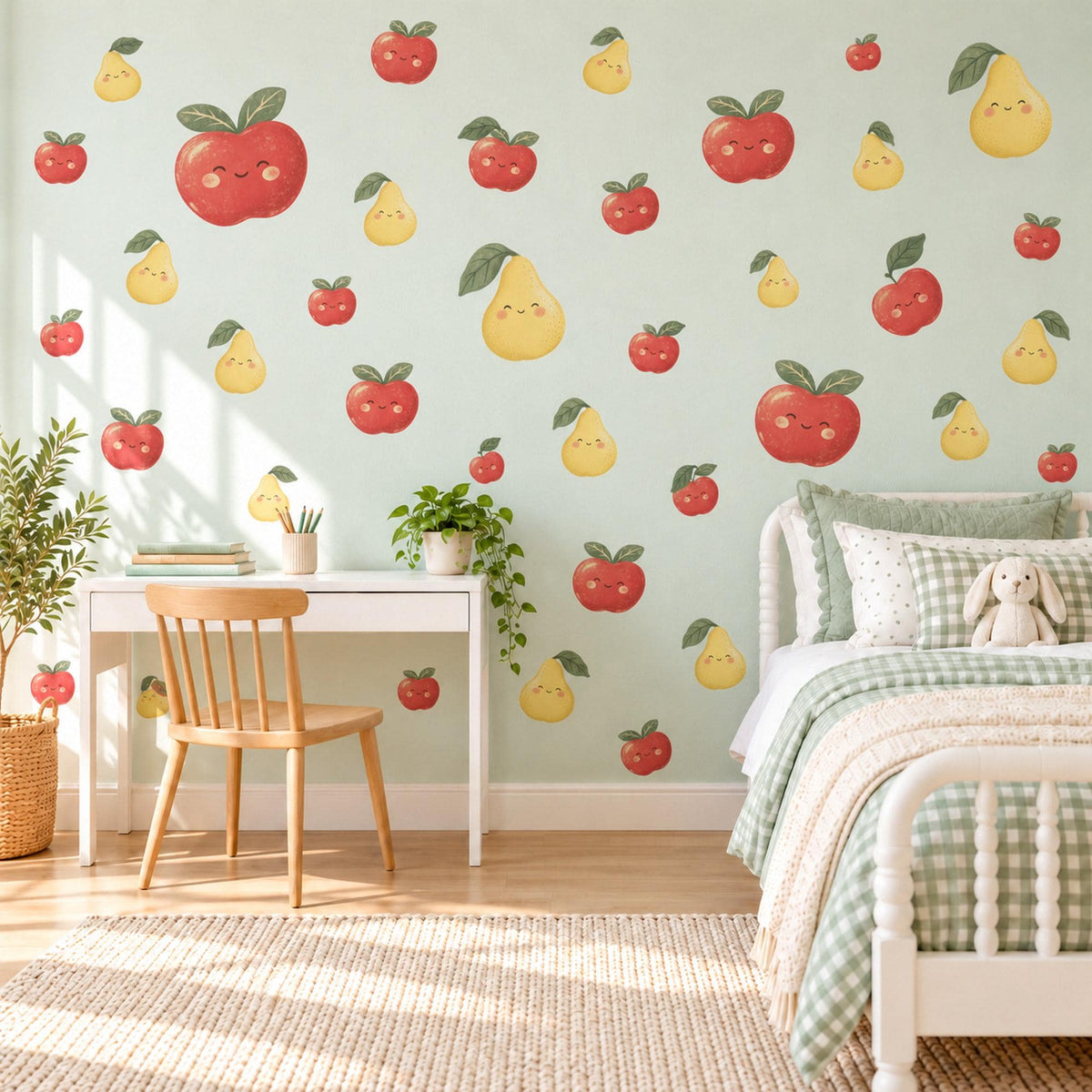 Apple Pear Wall Stickers, Cute Fruit Nursery Decor, Smiling Apples and Pears Wall Decals, Red Yellow Kids Room Peel and Stick Wall Art
