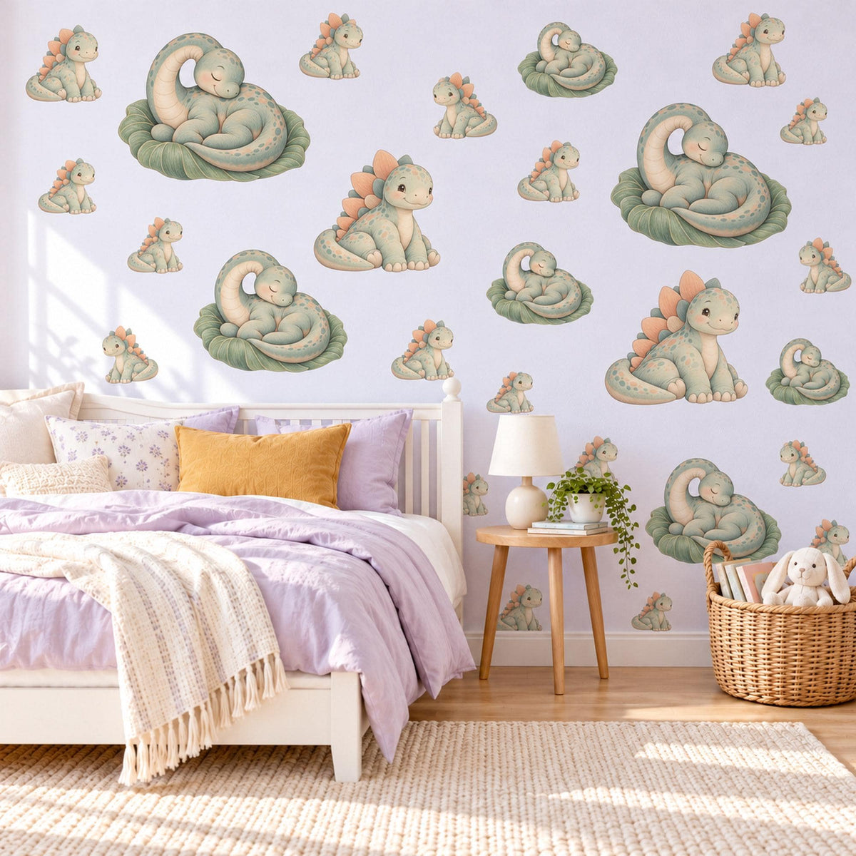 Dinosaur Wall Stickers, Sleepy Dino Nursery Decor, Cute Baby Dinosaur Wall Decals, Sage Green Peach Kids Room Peel and Stick Wall Art