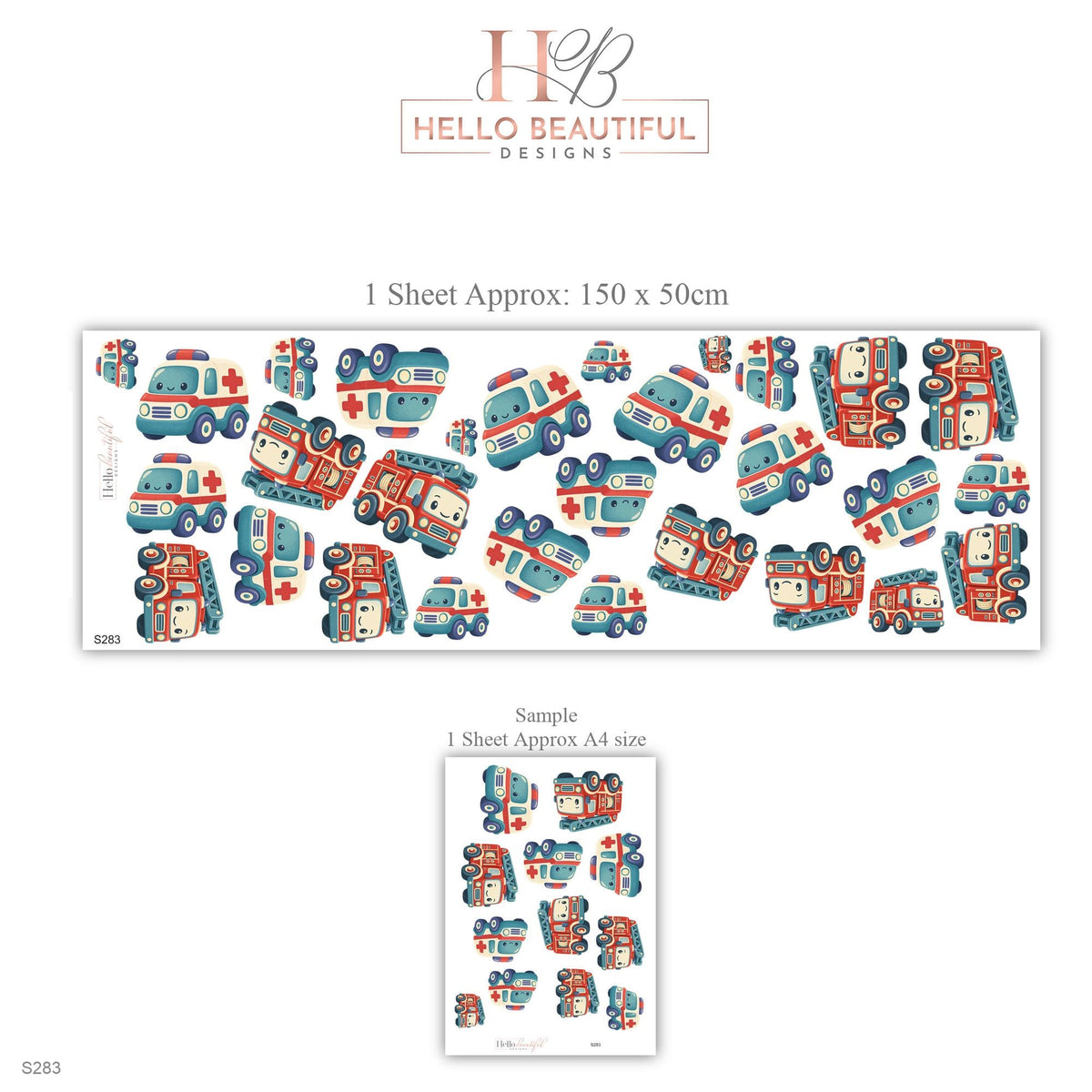 Fire Engine Wall Stickers, Rescue Vehicle Nursery Decor, Ambulance and Fire Truck Wall Decals, Red Teal Boys Room Peel and Stick Art