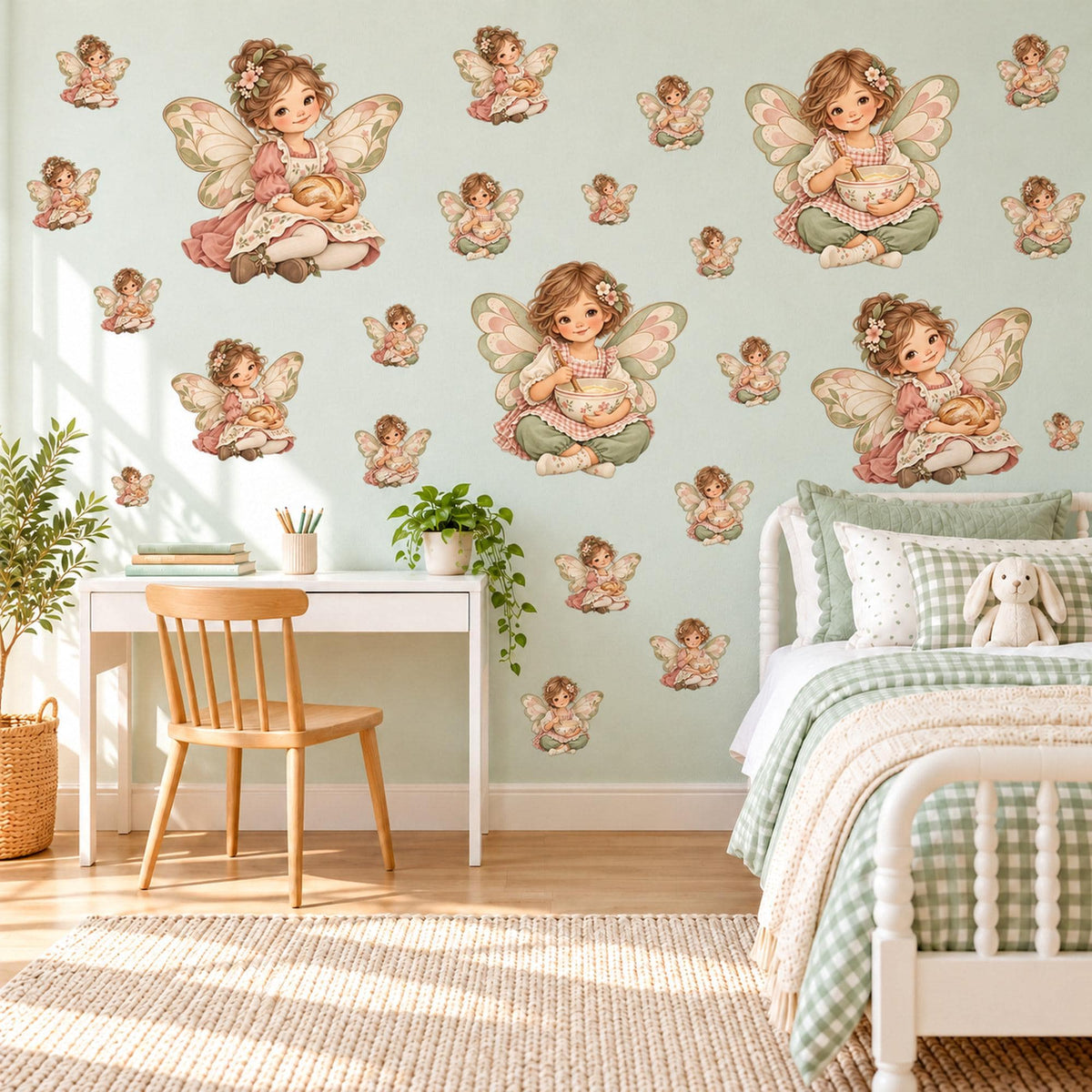 Fairy Wall Stickers, Vintage Fairy Nursery Decor, Little Baking Fairies Wall Decals, Blush Pink Sage Girls Room Peel and Stick Wall Art