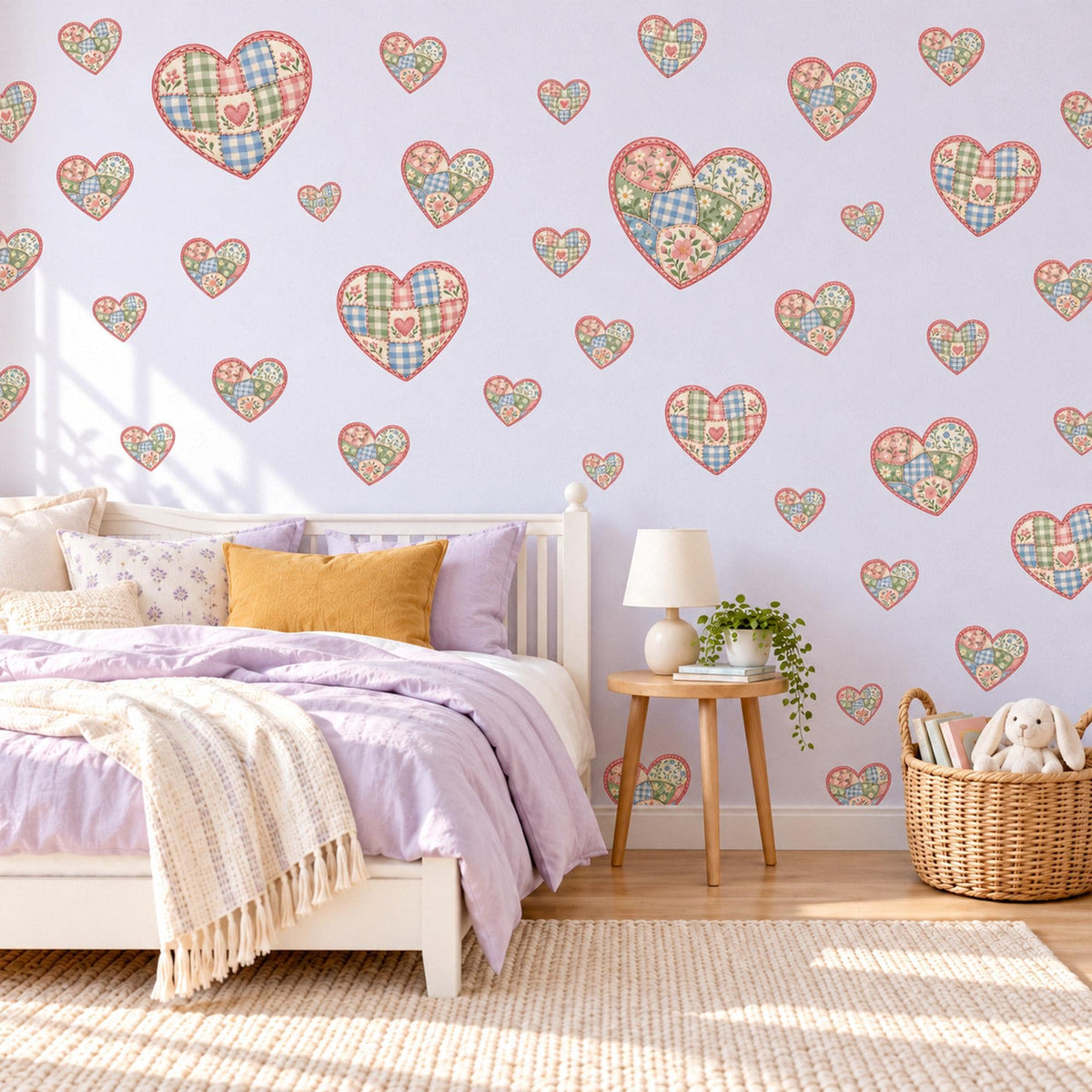 Heart Wall Stickers, Patchwork Quilt Heart Nursery Decor, Gingham Floral Heart Wall Decals, Pink Blue Sage Kids Room Peel and Stick Art