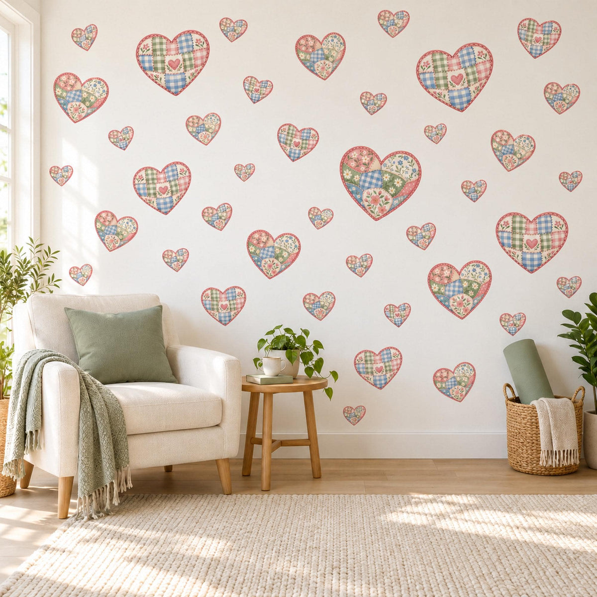 Heart Wall Stickers, Patchwork Quilt Heart Nursery Decor, Gingham Floral Heart Wall Decals, Pink Blue Sage Kids Room Peel and Stick Art
