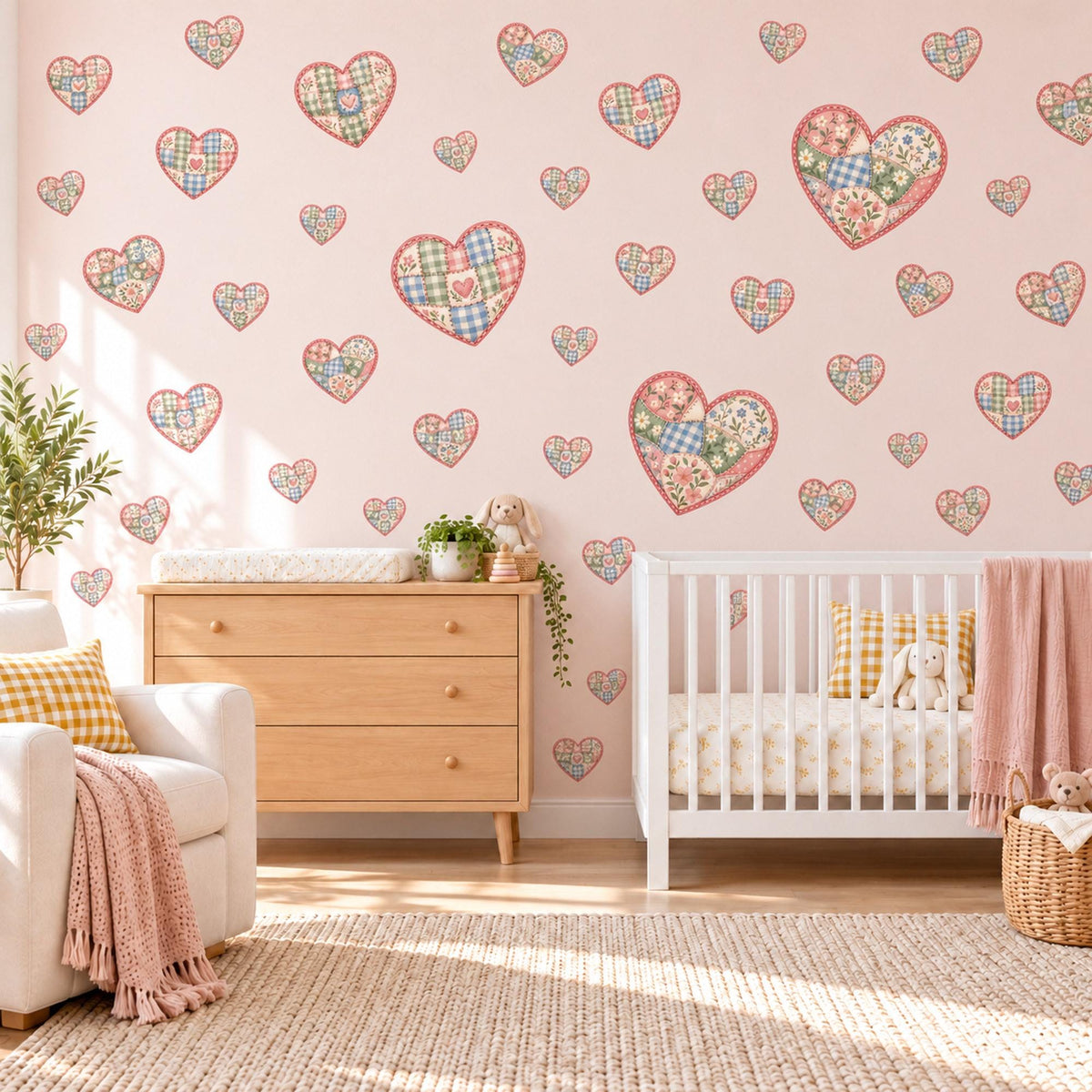 Heart Wall Stickers, Patchwork Quilt Heart Nursery Decor, Gingham Floral Heart Wall Decals, Pink Blue Sage Kids Room Peel and Stick Art