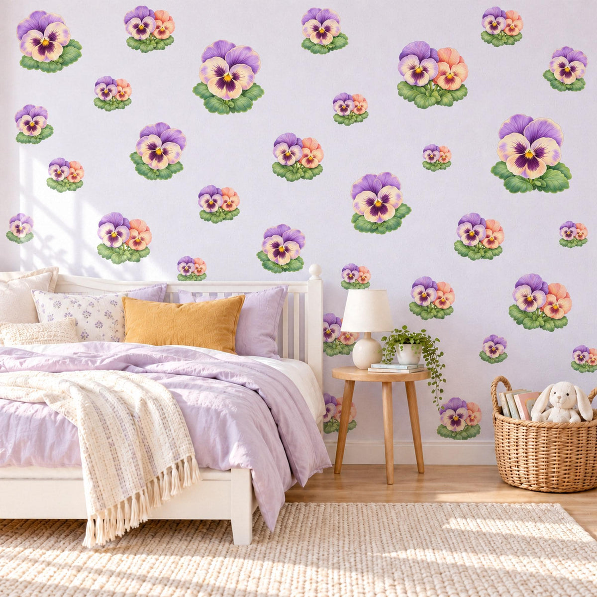 Pansy Wall Stickers, Purple Pansy Flower Nursery Decor, Watercolour Pansies Wall Decals, Lilac Peach Girls Room Peel and Stick Wall Art