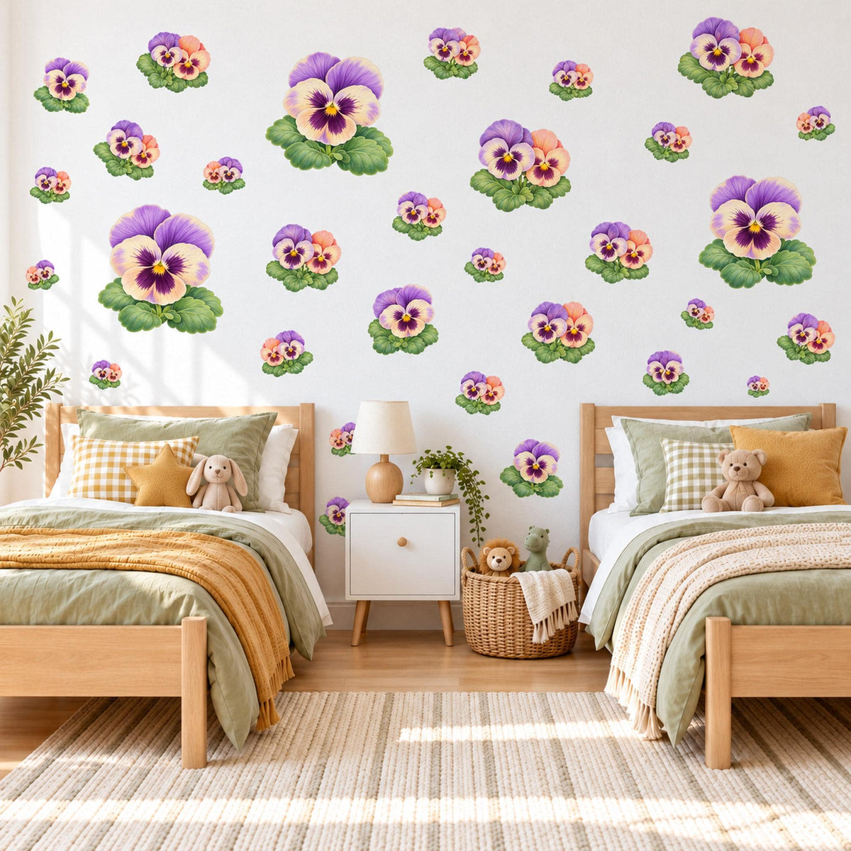 Pansy Wall Stickers, Purple Pansy Flower Nursery Decor, Watercolour Pansies Wall Decals, Lilac Peach Girls Room Peel and Stick Wall Art