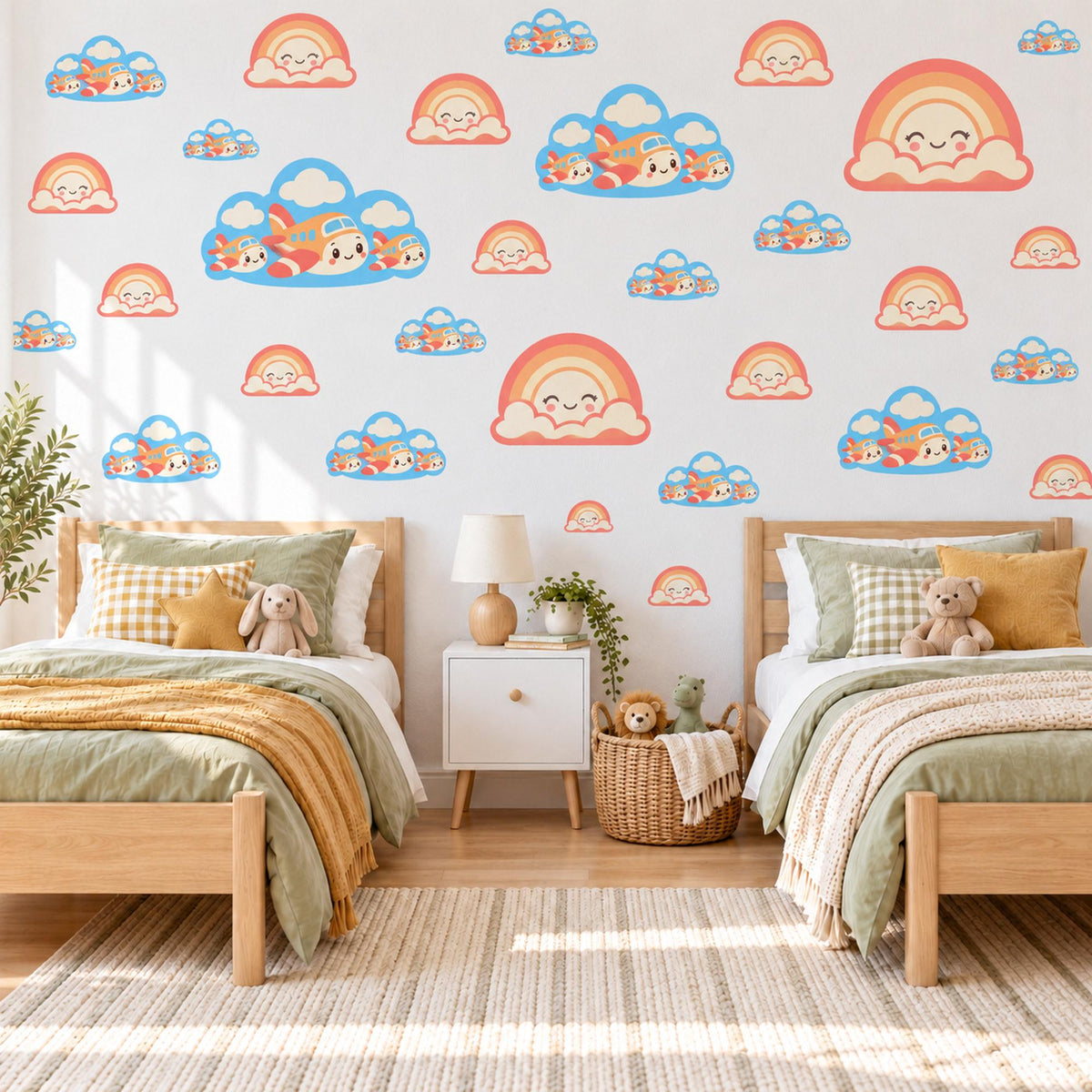 Rainbow Wall Stickers, Smiling Rainbow Cloud Nursery Decor, Rainbows and Planes Wall Decals, Coral Peach Sky Blue Kids Peel and Stick Art