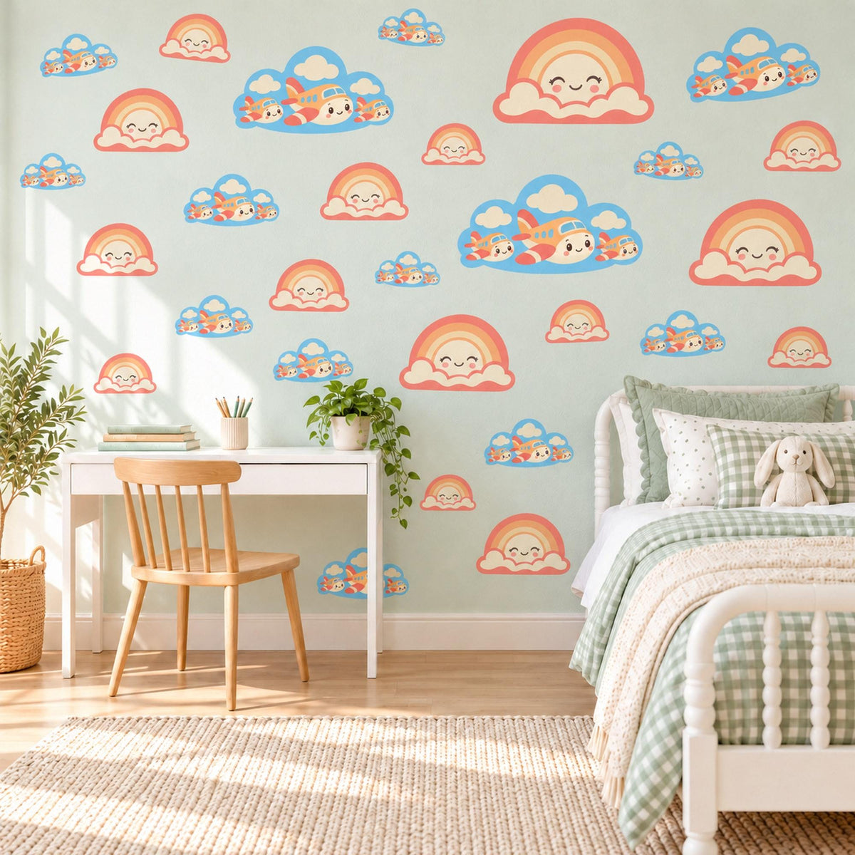 Rainbow Wall Stickers, Smiling Rainbow Cloud Nursery Decor, Rainbows and Planes Wall Decals, Coral Peach Sky Blue Kids Peel and Stick Art