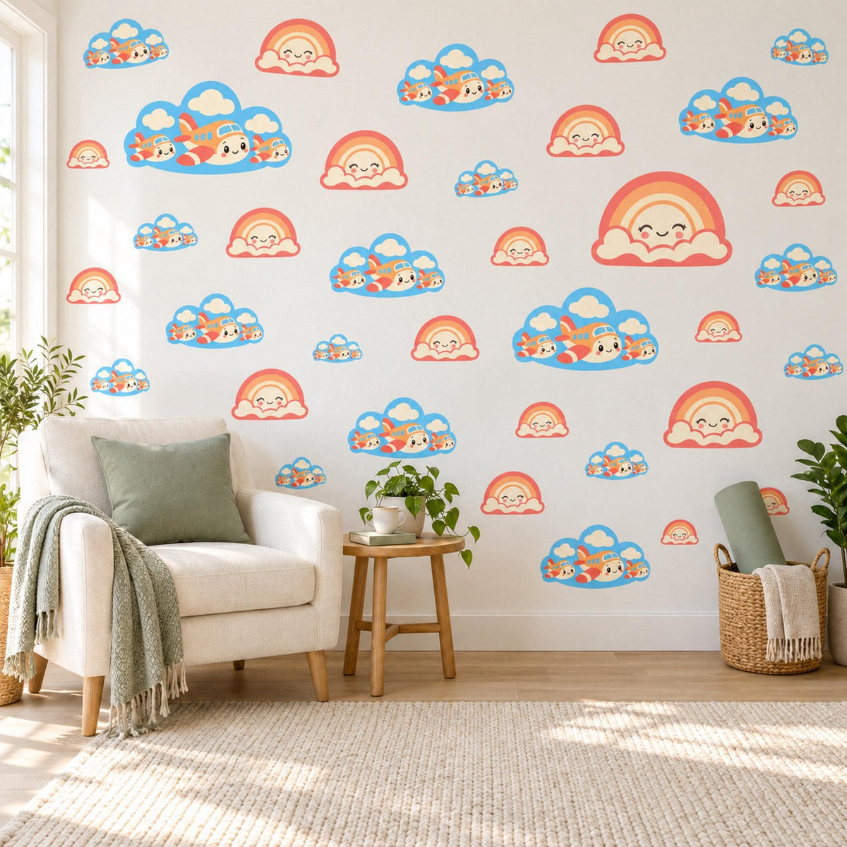 Rainbow Wall Stickers, Smiling Rainbow Cloud Nursery Decor, Rainbows and Planes Wall Decals, Coral Peach Sky Blue Kids Peel and Stick Art