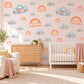 Rainbow Wall Stickers, Smiling Rainbow Cloud Nursery Decor, Rainbows and Planes Wall Decals, Coral Peach Sky Blue Kids Peel and Stick Art
