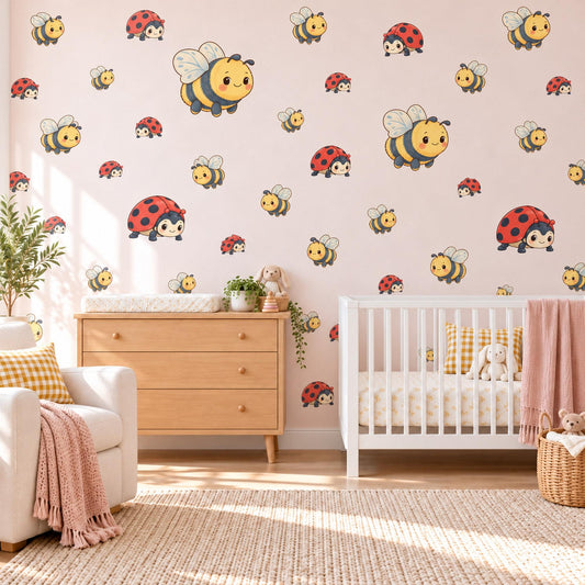 Bee Wall Stickers, Bumble Bee and Ladybird Nursery Decor, Cute Bug Wall Decals, Yellow Red Kids Room Peel and Stick Wall Art