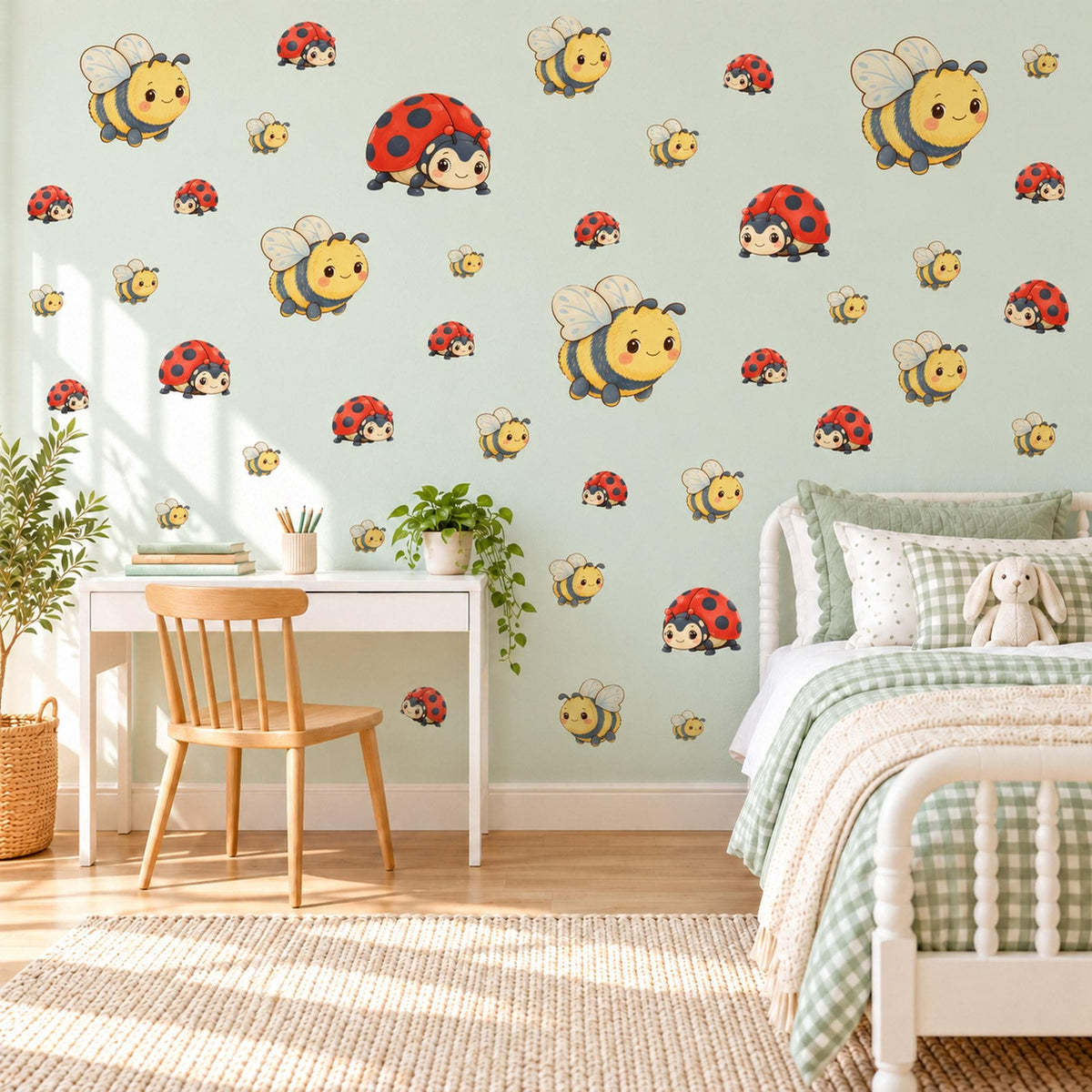 Bee Wall Stickers, Bumble Bee and Ladybird Nursery Decor, Cute Bug Wall Decals, Yellow Red Kids Room Peel and Stick Wall Art