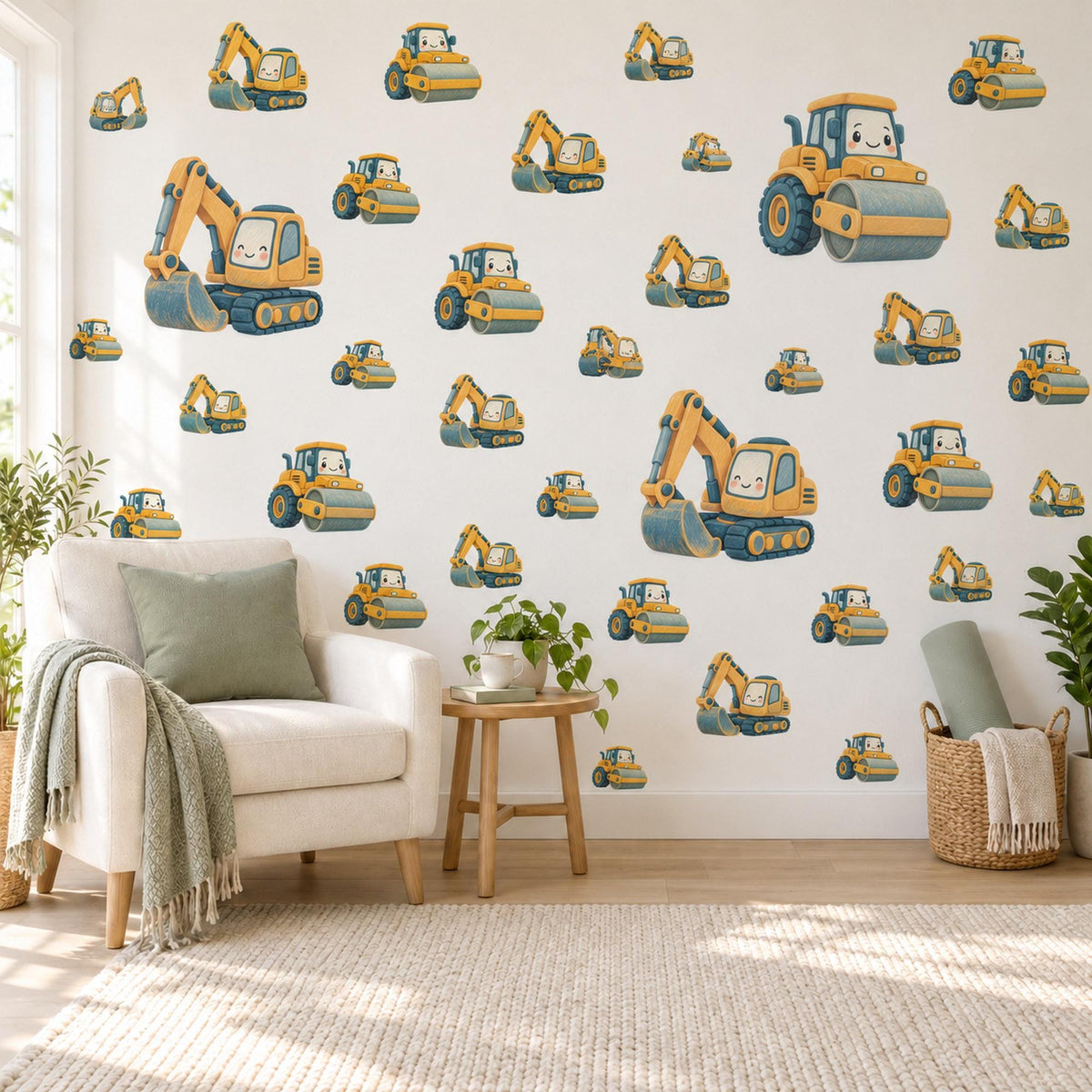 Digger Wall Stickers, Construction Vehicle Nursery Decor, Excavator and Road Roller Wall Decals, Yellow Boys Room Peel and Stick Wall Art