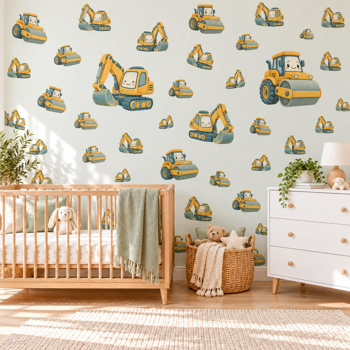 Digger Wall Stickers, Construction Vehicle Nursery Decor, Excavator and Road Roller Wall Decals, Yellow Boys Room Peel and Stick Wall Art