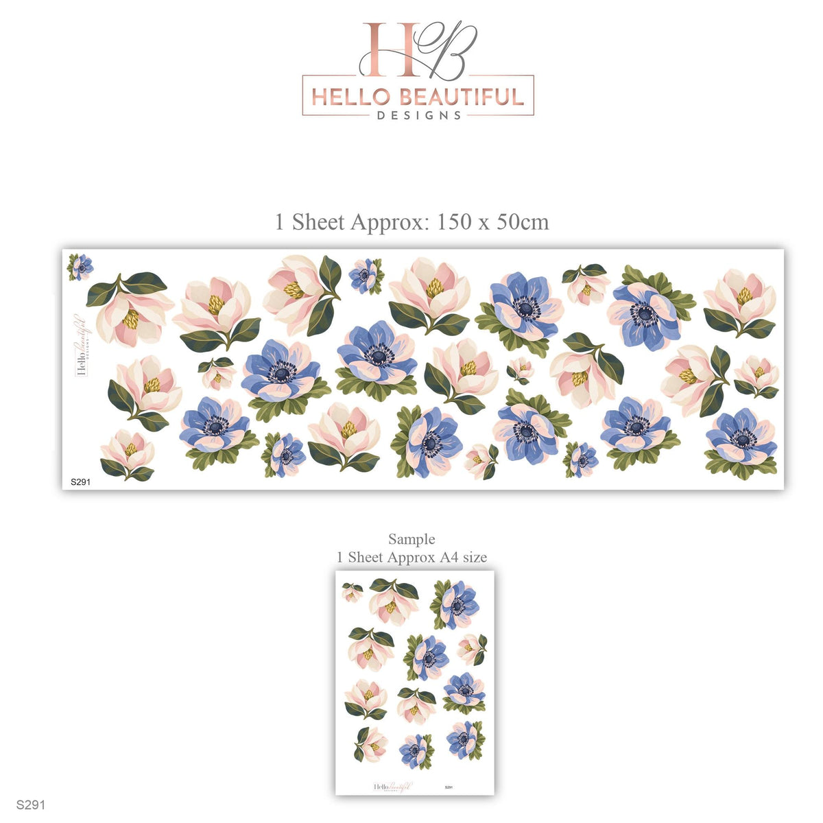 Magnolia Wall Stickers, Pink Blue Flower Nursery Decor, Magnolia and Anemone Wall Decals, Blush Periwinkle Girls Room Peel and Stick Art