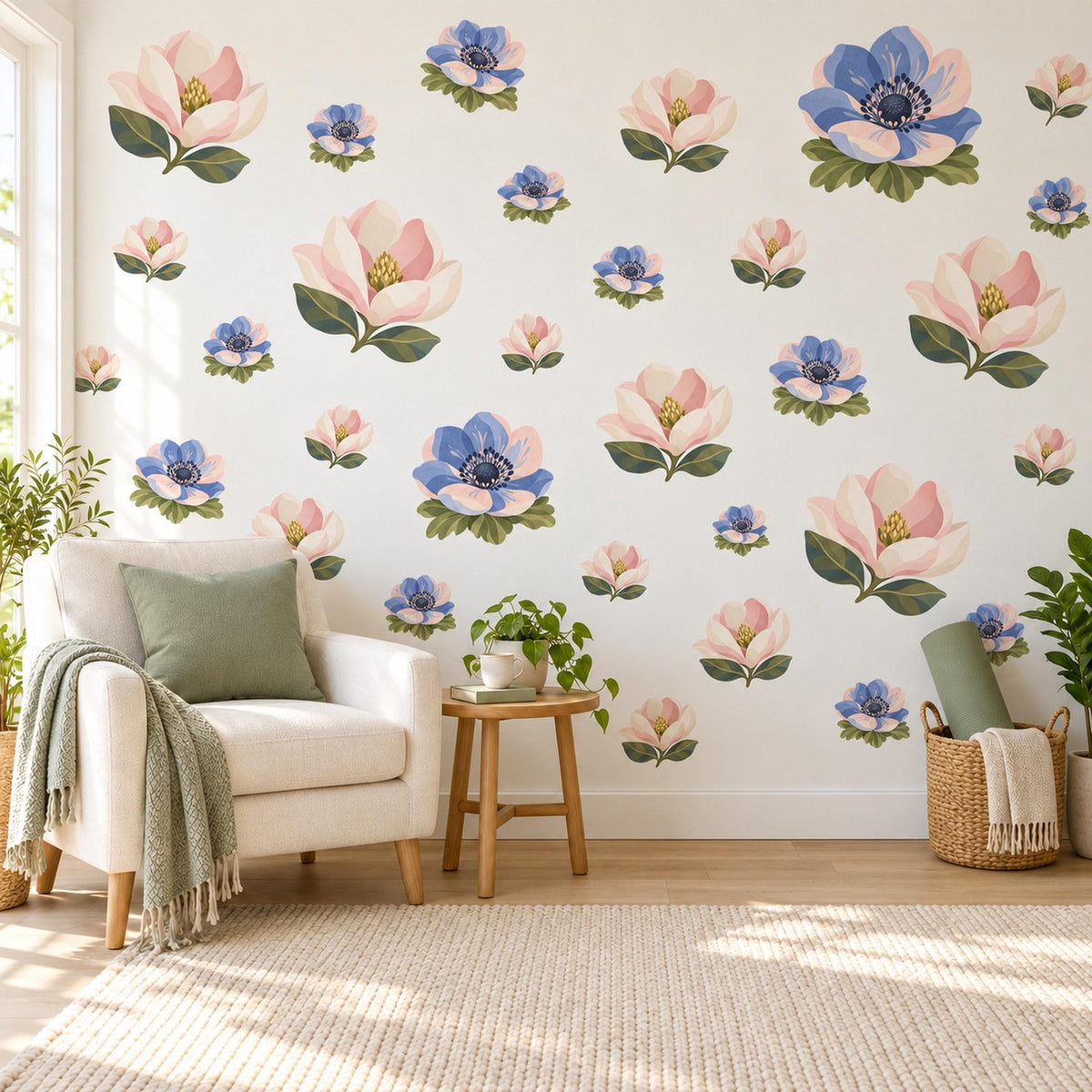 Magnolia Wall Stickers, Pink Blue Flower Nursery Decor, Magnolia and Anemone Wall Decals, Blush Periwinkle Girls Room Peel and Stick Art