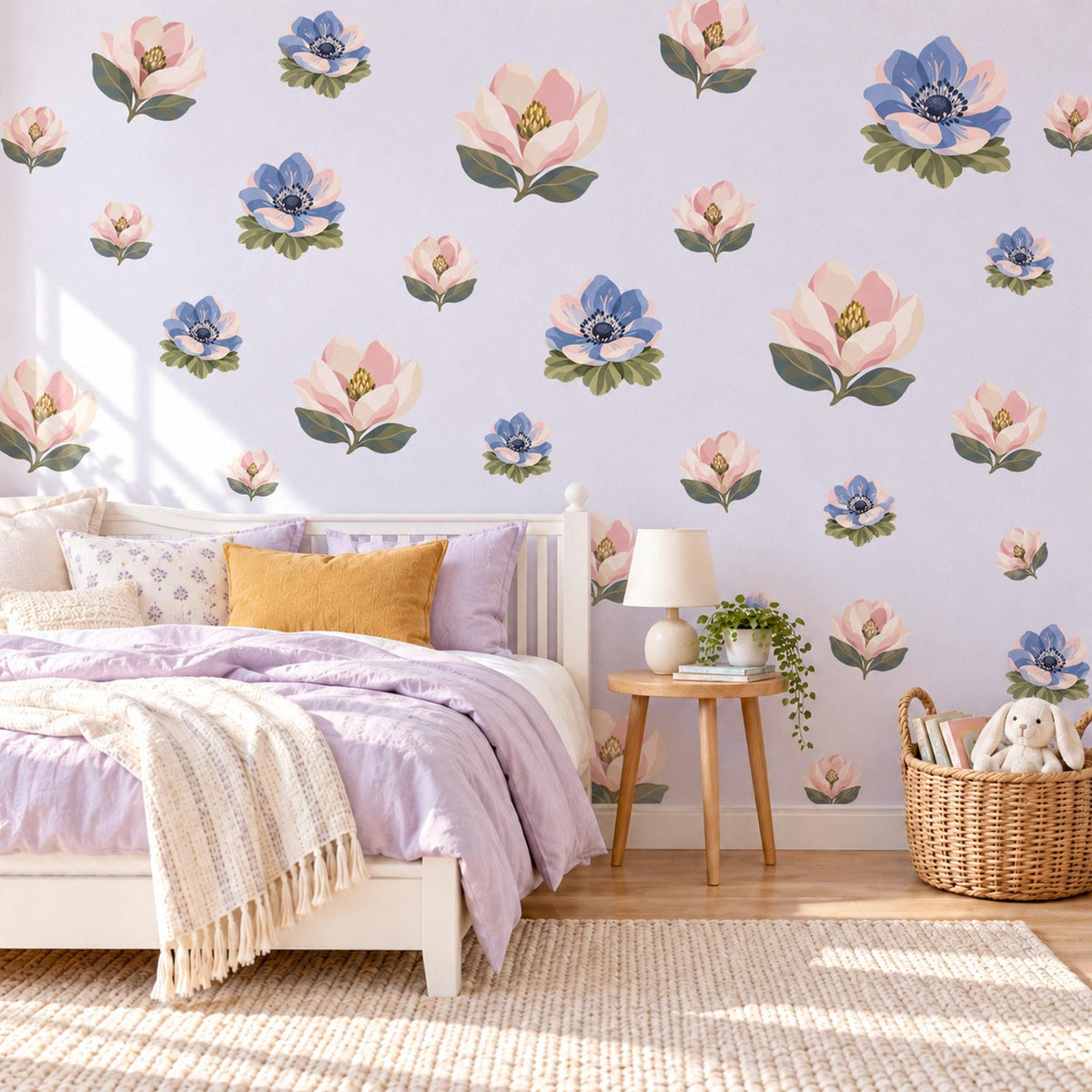 Magnolia Wall Stickers, Pink Blue Flower Nursery Decor, Magnolia and Anemone Wall Decals, Blush Periwinkle Girls Room Peel and Stick Art