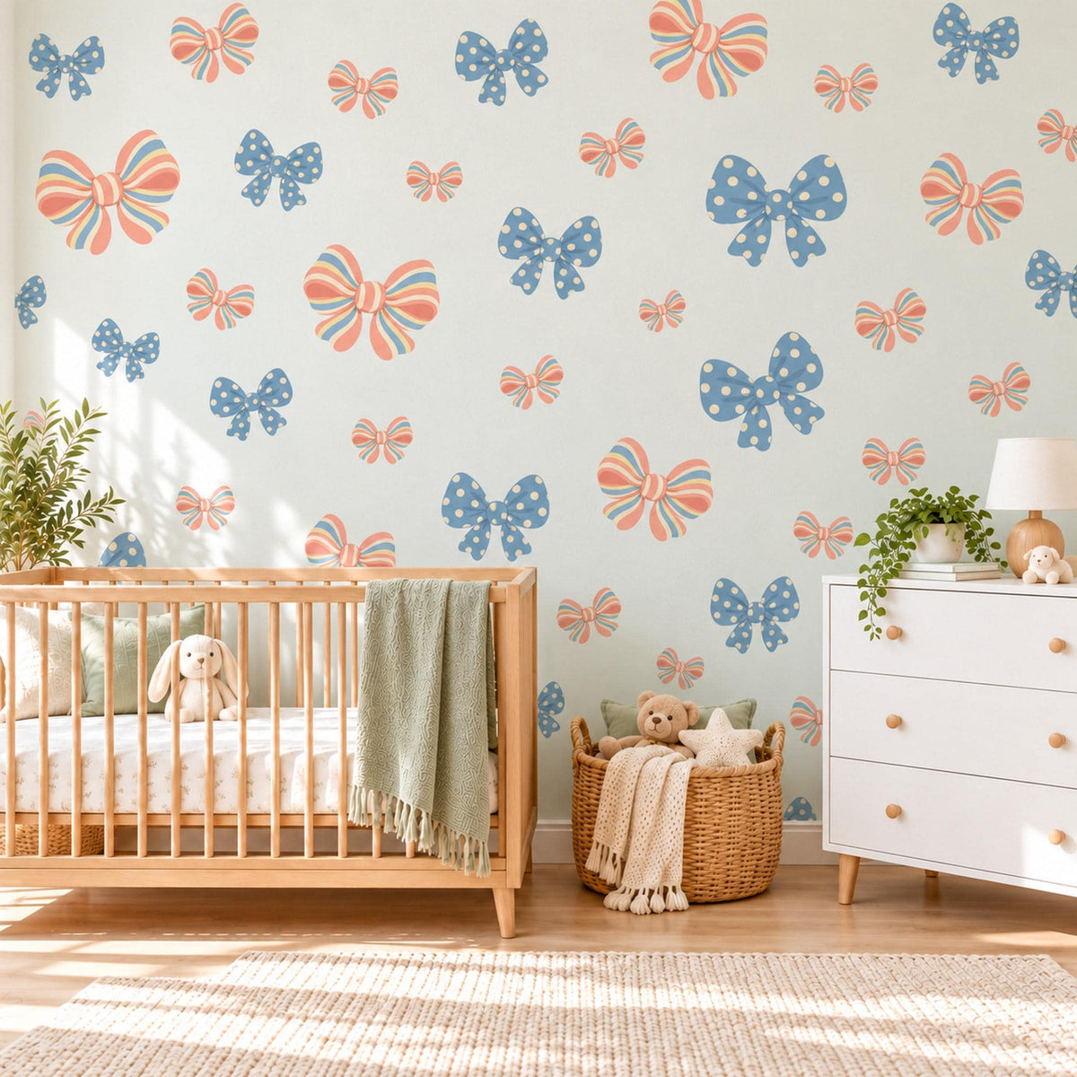 Bow Wall Stickers, Striped and Polka Dot Bow Nursery Decor, Candy Stripe Bows Wall Decals, Coral Blue Girls Room Peel and Stick Wall Art
