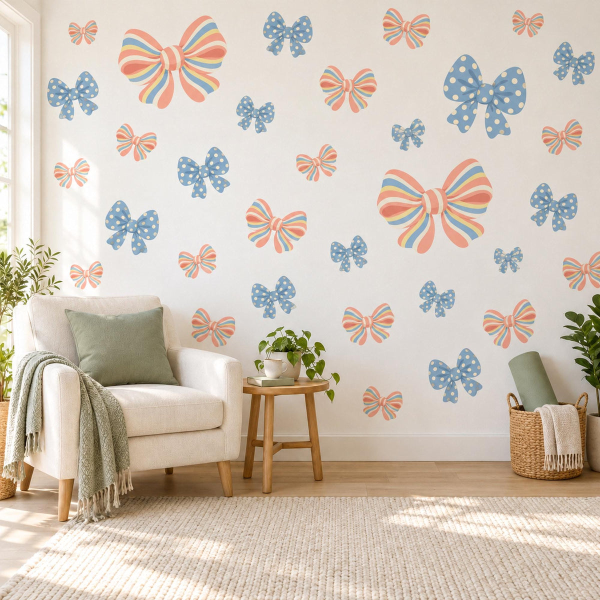Bow Wall Stickers, Striped and Polka Dot Bow Nursery Decor, Candy Stripe Bows Wall Decals, Coral Blue Girls Room Peel and Stick Wall Art