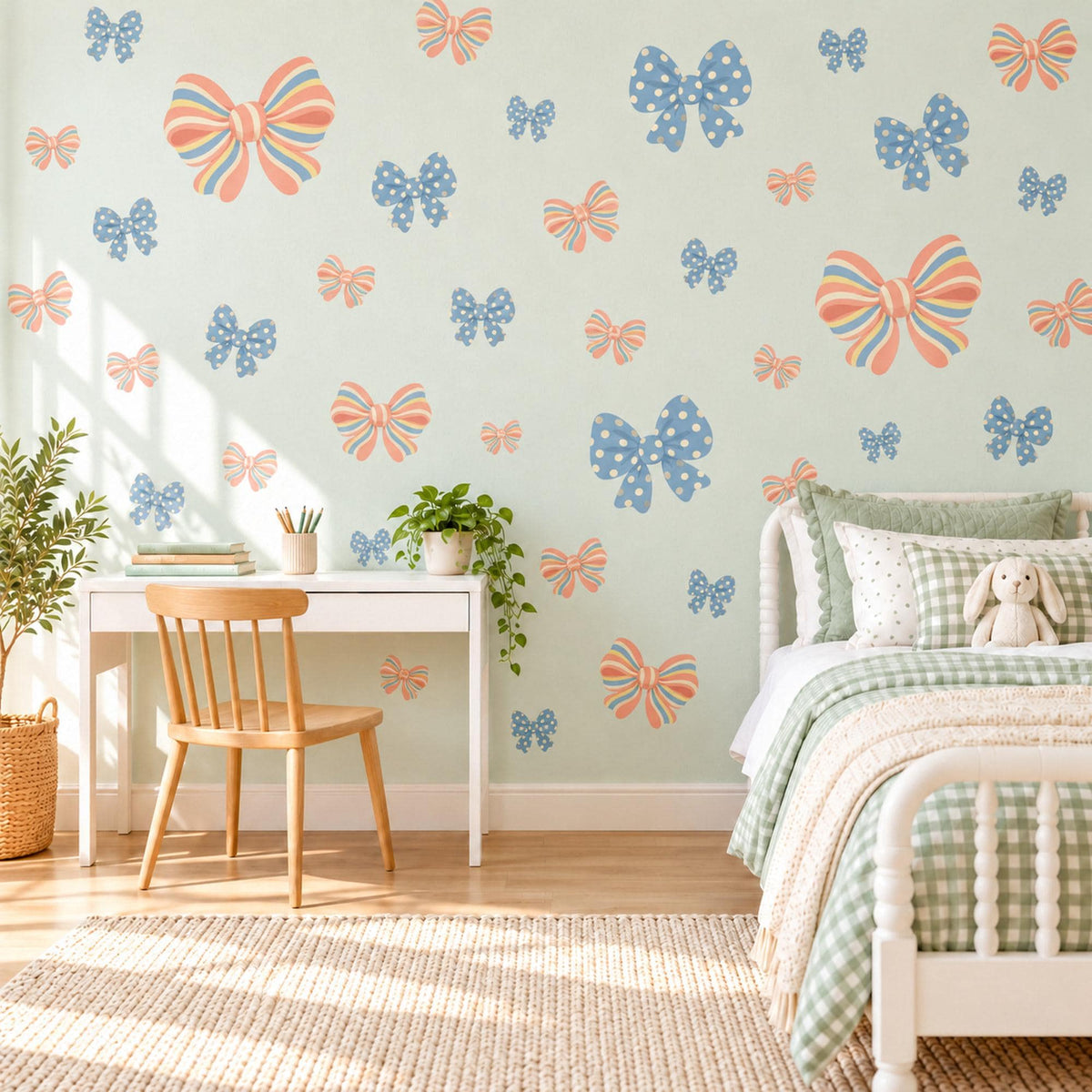 Bow Wall Stickers, Striped and Polka Dot Bow Nursery Decor, Candy Stripe Bows Wall Decals, Coral Blue Girls Room Peel and Stick Wall Art