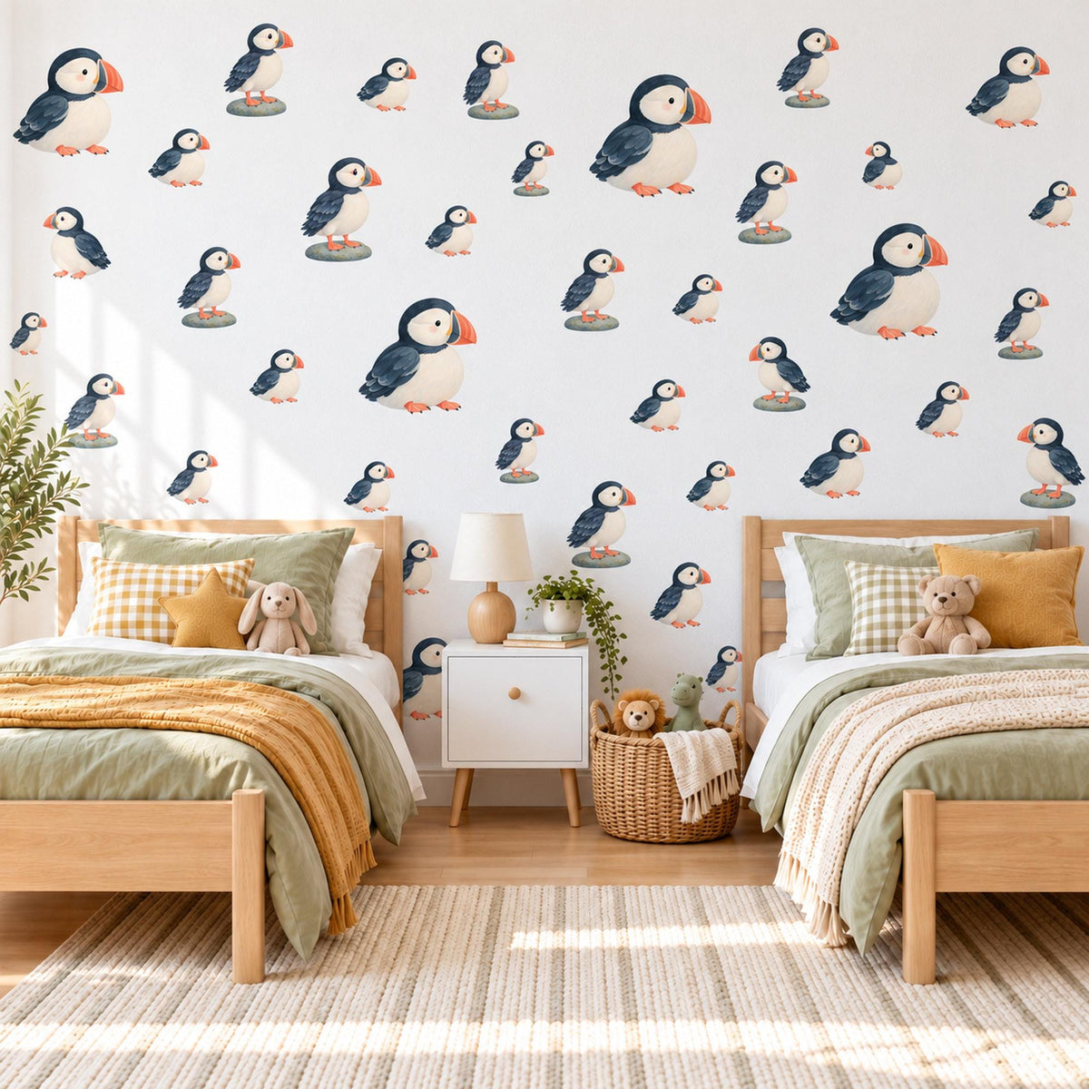 Puffin Wall Stickers, Coastal Puffin Nursery Decor, Cute Seabird Wall Decals, Navy Orange Nautical Kids Room Peel and Stick Wall Art