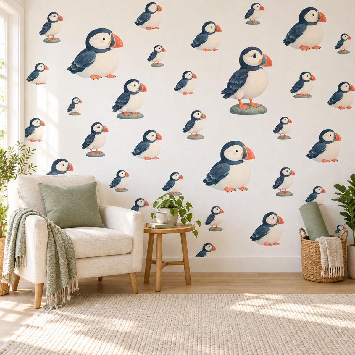 Puffin Wall Stickers, Coastal Puffin Nursery Decor, Cute Seabird Wall Decals, Navy Orange Nautical Kids Room Peel and Stick Wall Art