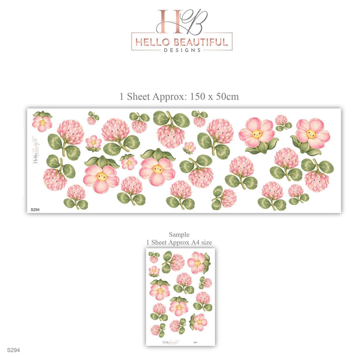 Clover Flower Wall Stickers, Pink Clover Blossom Nursery Decor, Smiling Flower Wall Decals, Blush Sage Girls Room Peel and Stick Wall Art