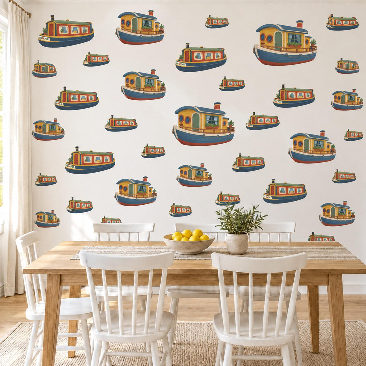 Canal Boat Wall Stickers, Narrowboat Nursery Decor, Little Barge Boats Wall Decals, Navy Mustard Red Kids Room Peel and Stick Wall Art
