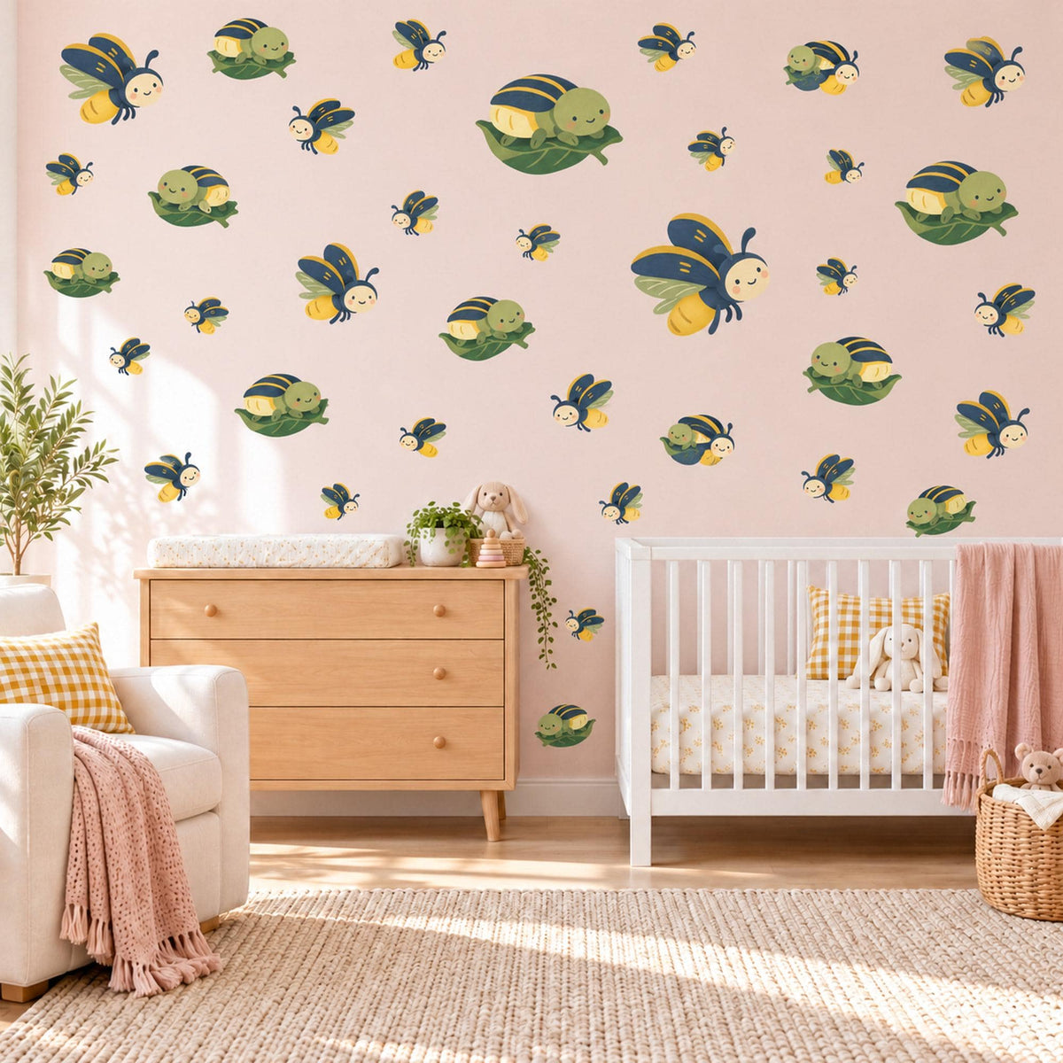 Firefly Wall Stickers, Cute Bug Nursery Decor, Fireflies and Caterpillars Wall Decals, Navy Yellow Green Kids Room Peel and Stick Wall Art
