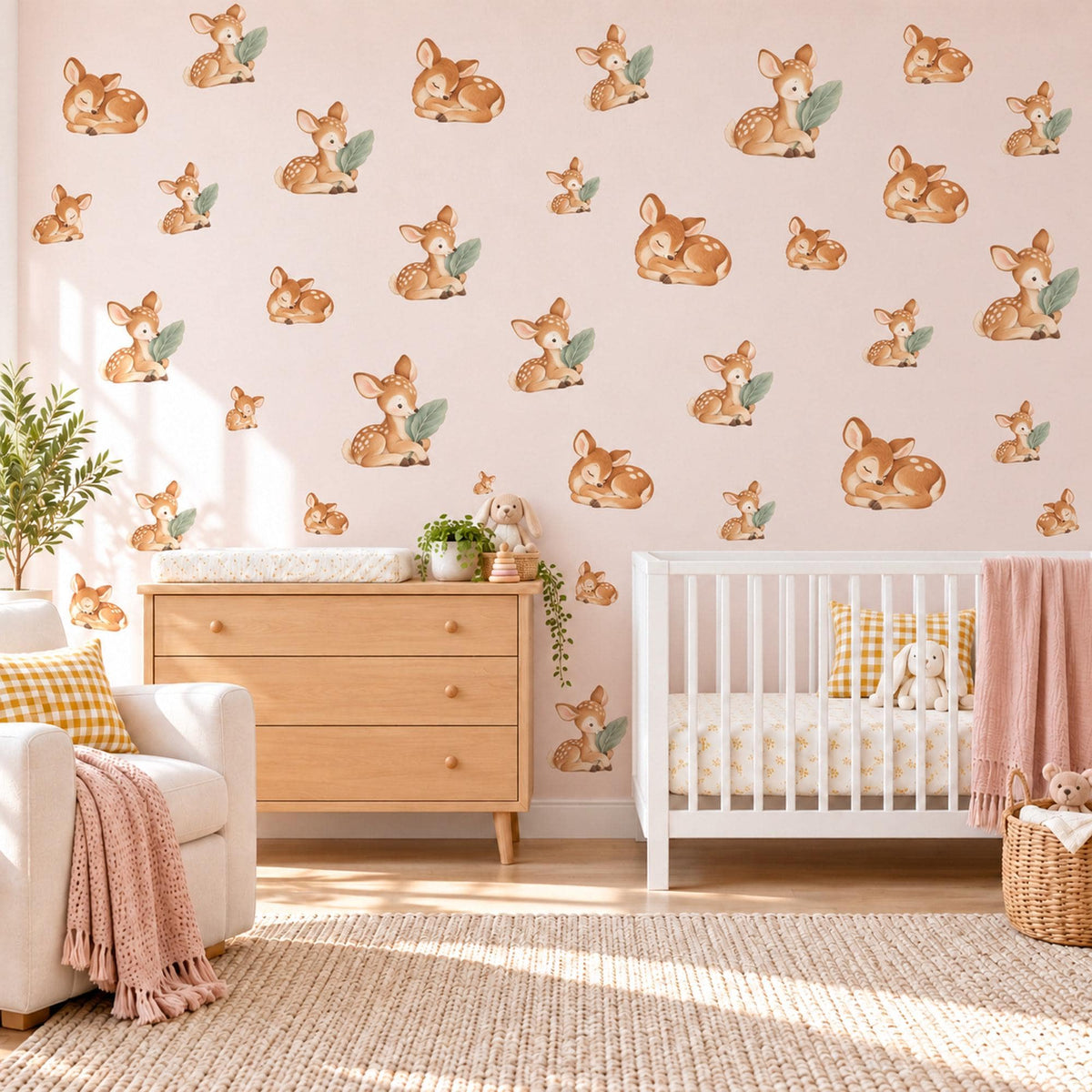 Deer Wall Stickers, Baby Fawn Woodland Nursery Decor, Sleeping Deer Wall Decals, Caramel Sage Neutral Kids Room Peel and Stick Wall Art