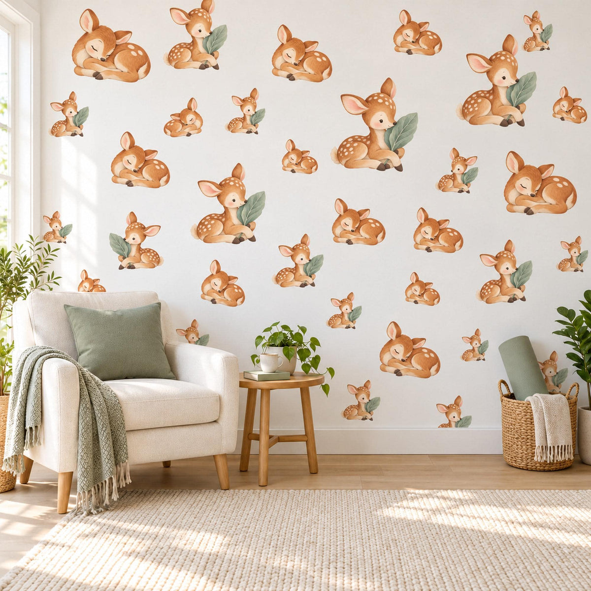 Deer Wall Stickers, Baby Fawn Woodland Nursery Decor, Sleeping Deer Wall Decals, Caramel Sage Neutral Kids Room Peel and Stick Wall Art