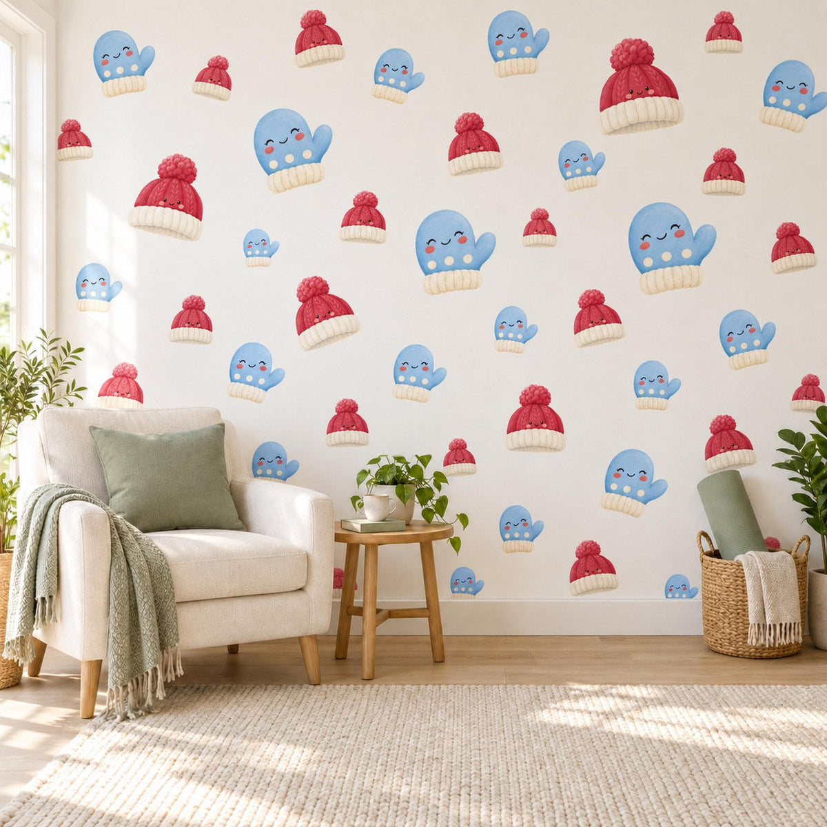 Winter Wall Stickers, Mitten and Bobble Hat Nursery Decor, Cute Christmas Wall Decals, Blue Red Kids Room Peel and Stick Wall Art
