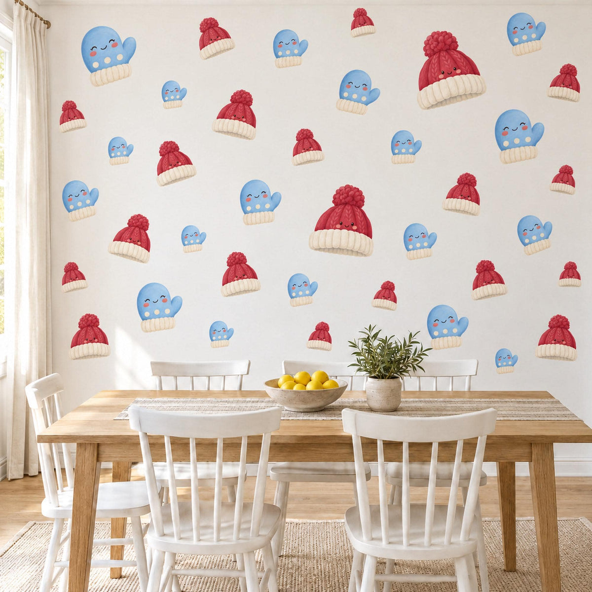 Winter Wall Stickers, Mitten and Bobble Hat Nursery Decor, Cute Christmas Wall Decals, Blue Red Kids Room Peel and Stick Wall Art