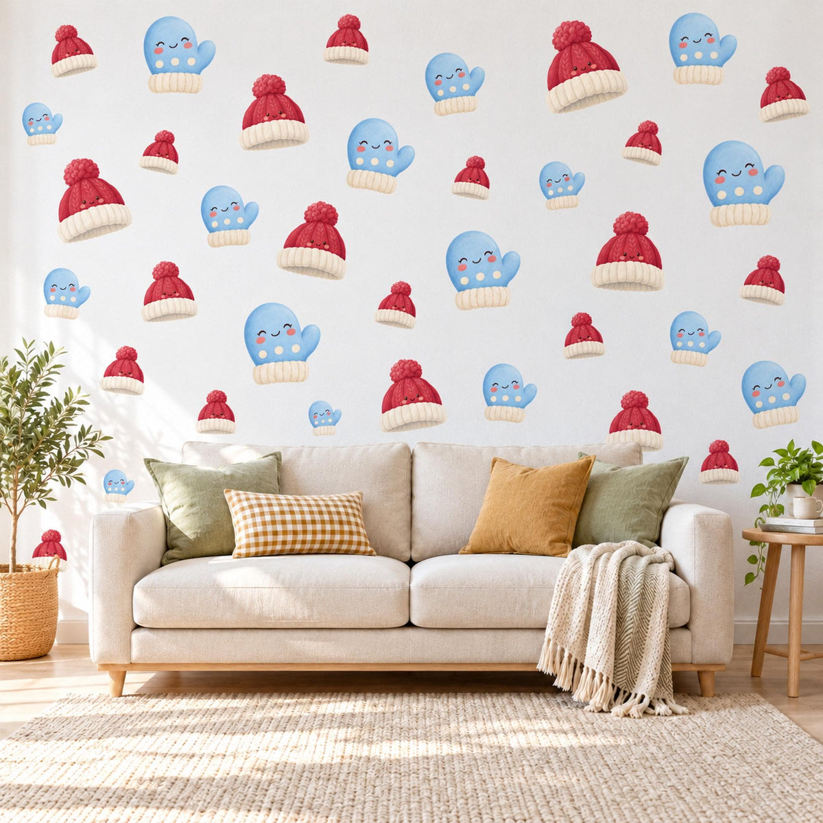 Winter Wall Stickers, Mitten and Bobble Hat Nursery Decor, Cute Christmas Wall Decals, Blue Red Kids Room Peel and Stick Wall Art