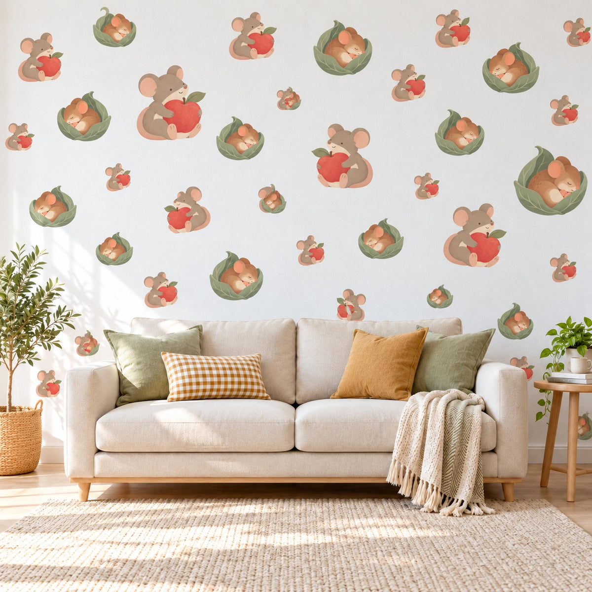 Mouse Wall Stickers, Field Mouse and Apple Nursery Decor, Cute Mice Woodland Wall Decals, Red Sage Neutral Kids Room Peel and Stick Art