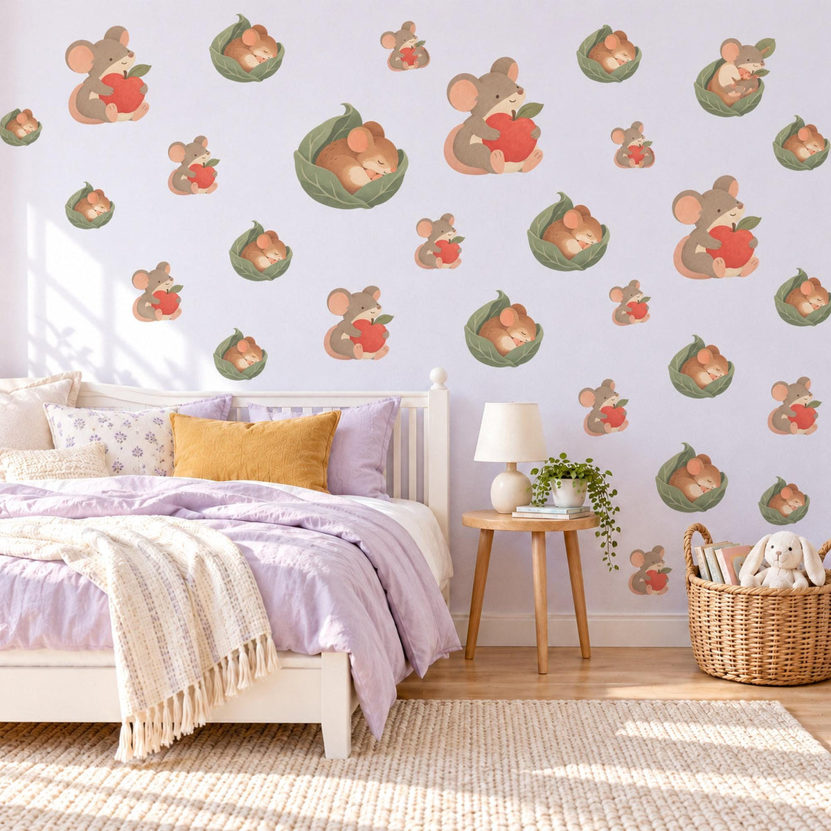 Mouse Wall Stickers, Field Mouse and Apple Nursery Decor, Cute Mice Woodland Wall Decals, Red Sage Neutral Kids Room Peel and Stick Art