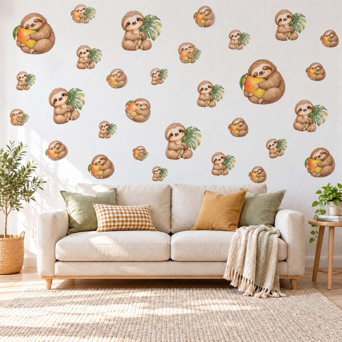 Sloth Wall Stickers, Cute Sloth Jungle Nursery Decor, Sloths with Mangoes Wall Decals, Brown Green Tropical Kids Room Peel and Stick Art