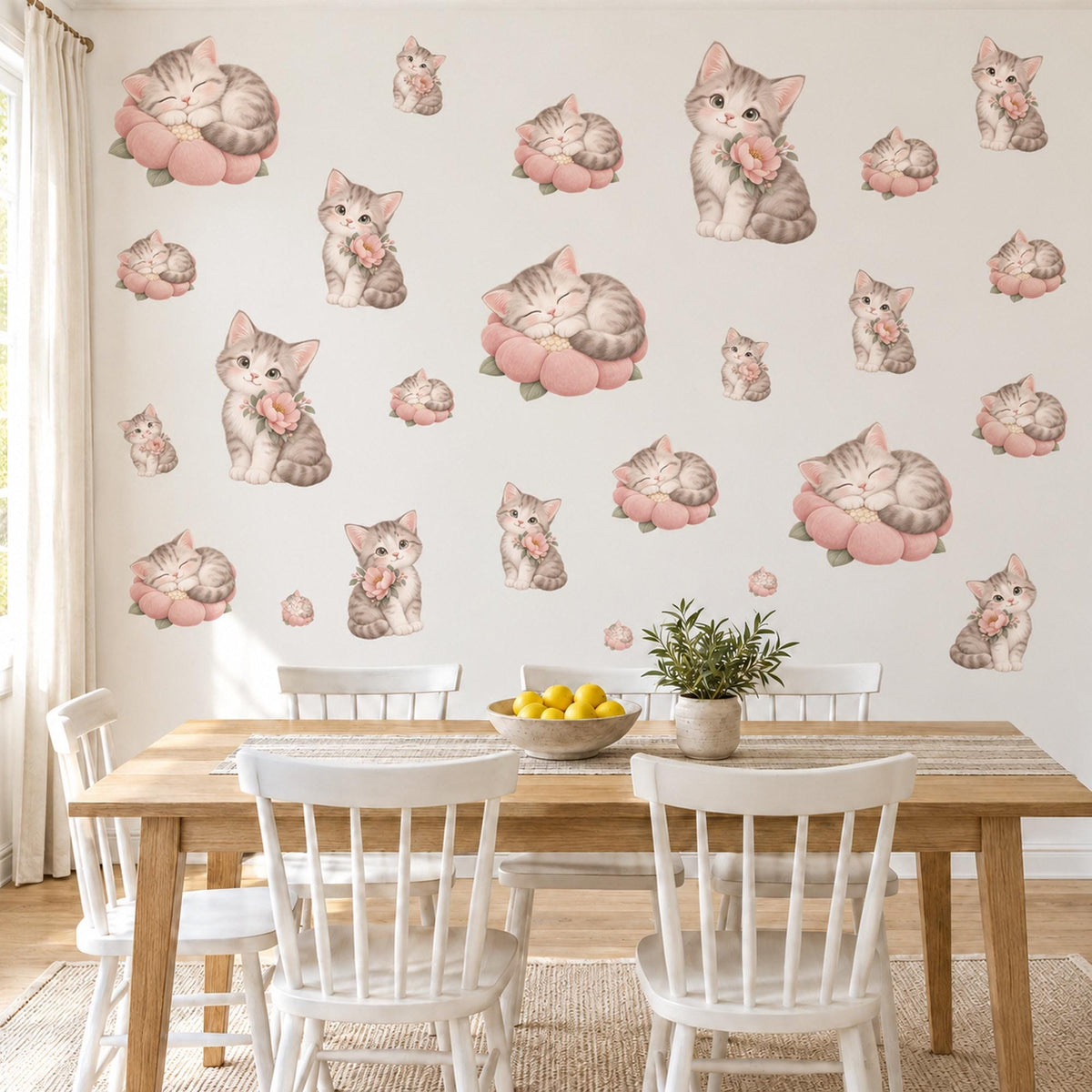 Kitten Wall Stickers, Cute Cat and Blossom Nursery Decor, Sleepy Kittens Wall Decals, Blush Pink Grey Girls Room Peel and Stick Wall Art