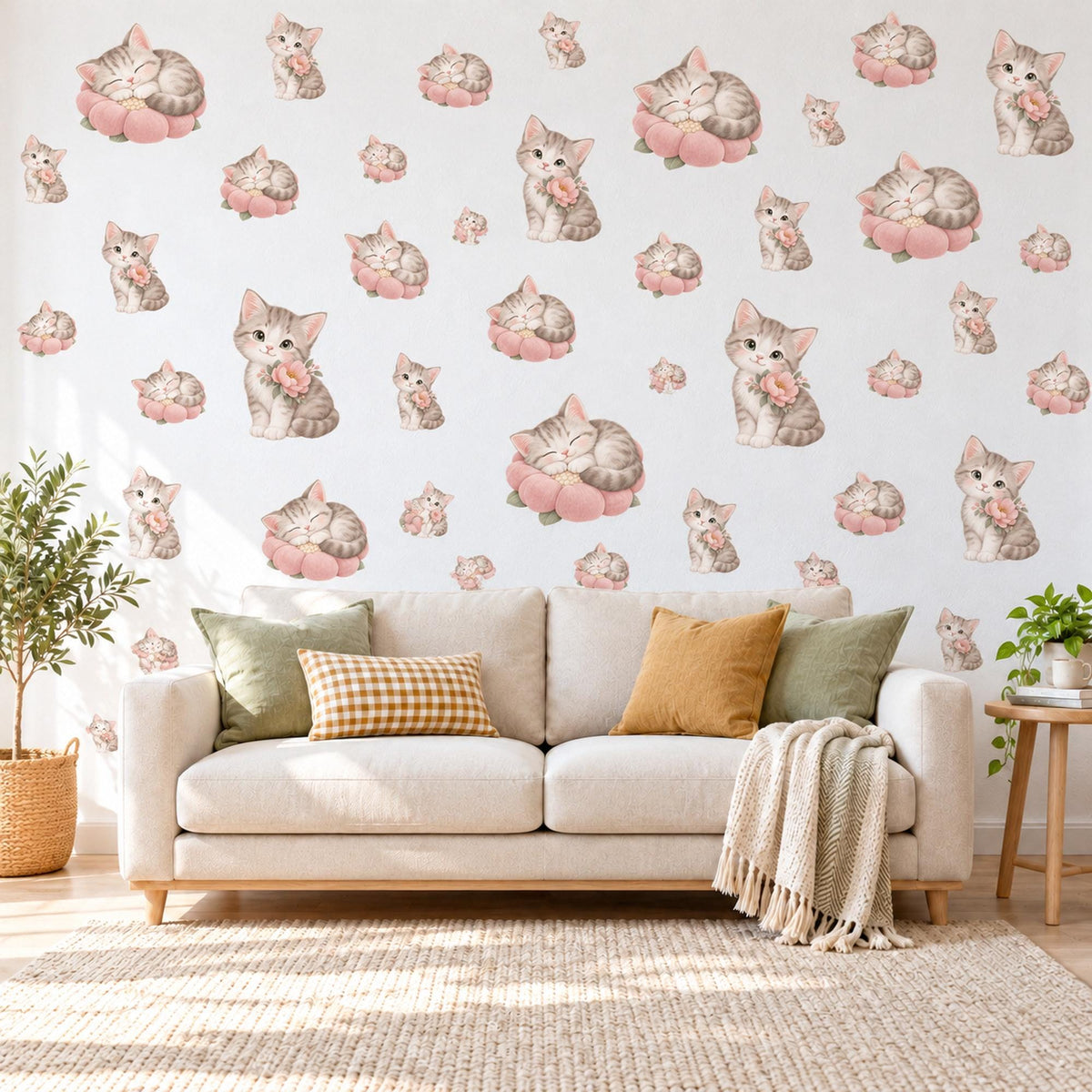 Kitten Wall Stickers, Cute Cat and Blossom Nursery Decor, Sleepy Kittens Wall Decals, Blush Pink Grey Girls Room Peel and Stick Wall Art