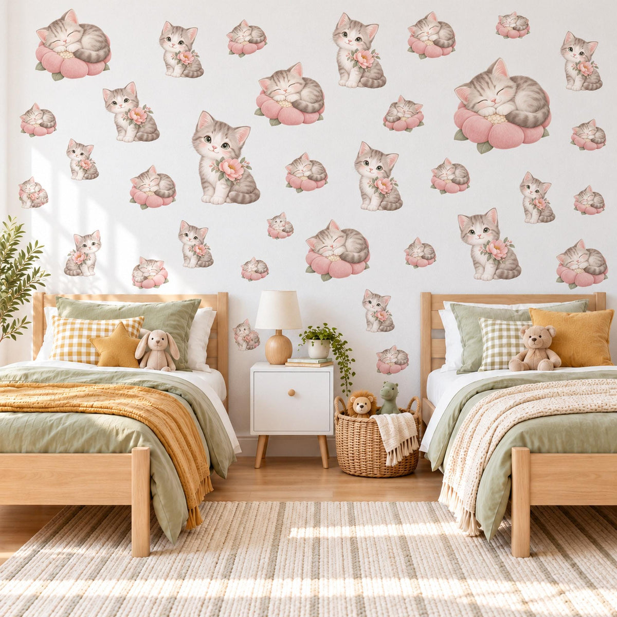 Kitten Wall Stickers, Cute Cat and Blossom Nursery Decor, Sleepy Kittens Wall Decals, Blush Pink Grey Girls Room Peel and Stick Wall Art